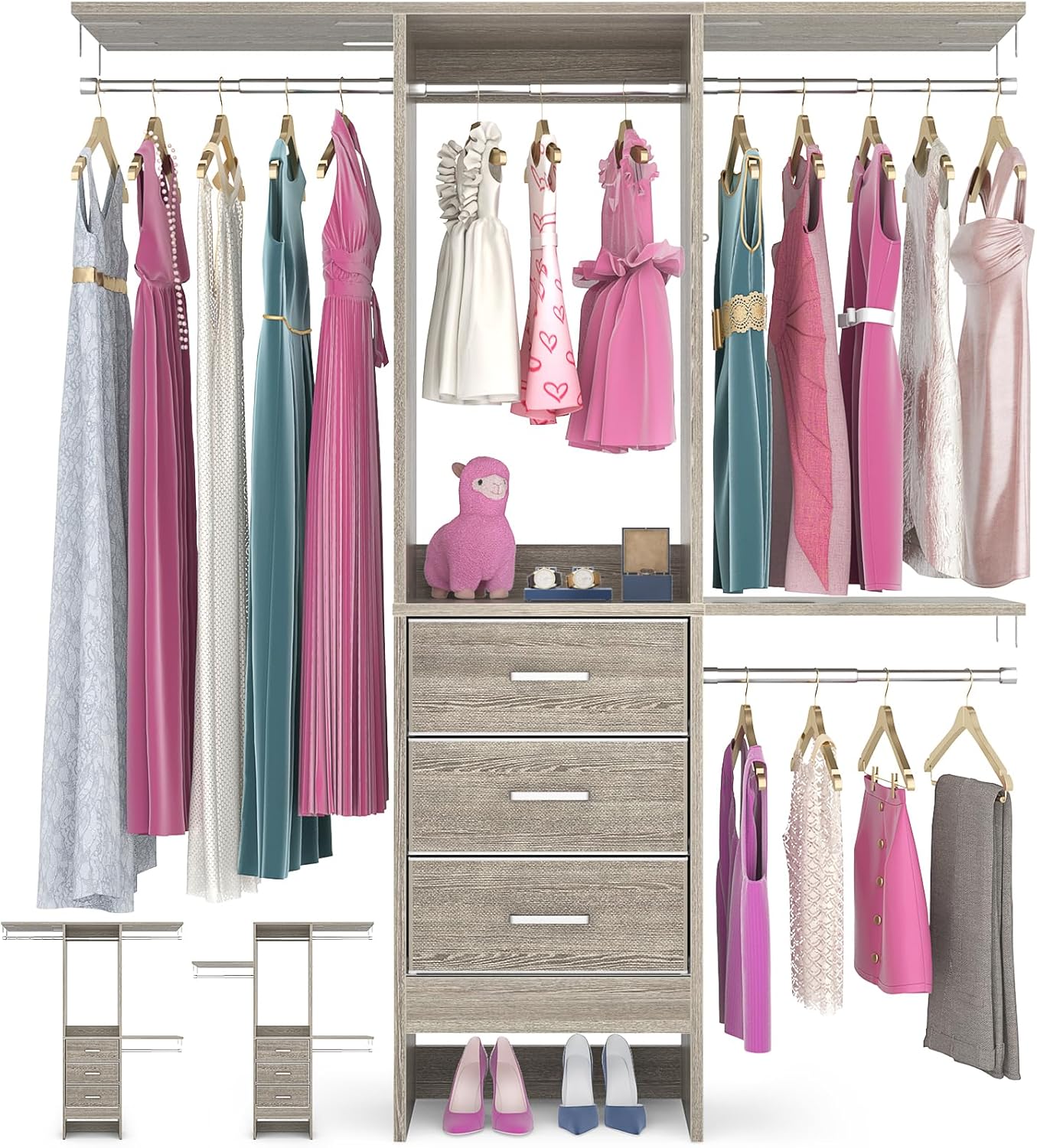 4FT Small Closet System with 3 Fabric Drawers, 48'' Closet Organizer System With 3 Adjustable Shelves, Flexible Built-In Clothes Garment Rack for Small Space, 48"L x 13"W x 71"H, White Oak