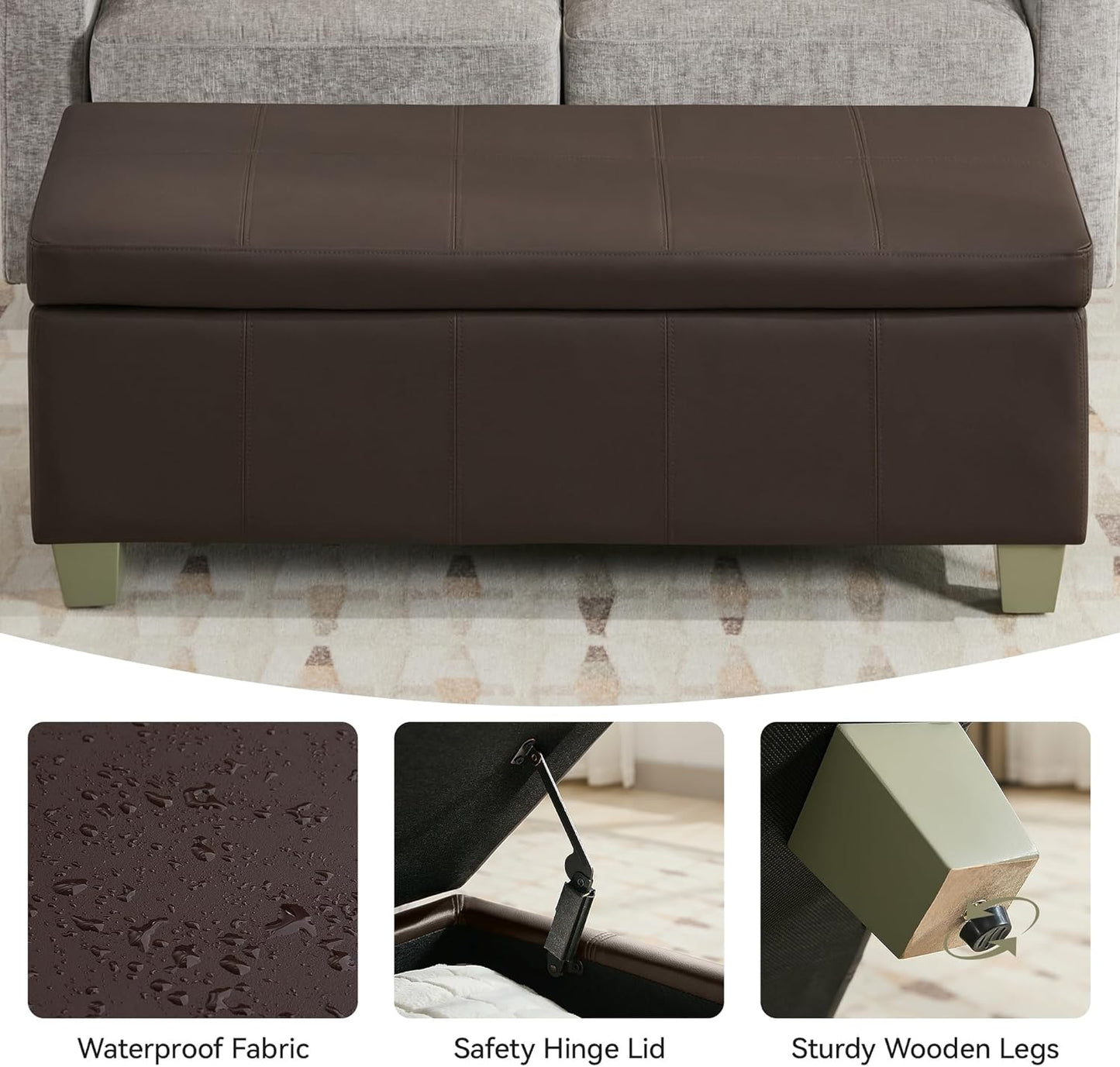 51" Faux Leather Storage Ottoman, Stitch Tufted Rectangle Upholstered End of Bed Storage Bench, Entryway Large Couch Ottoman with Wooden Legs,Brown