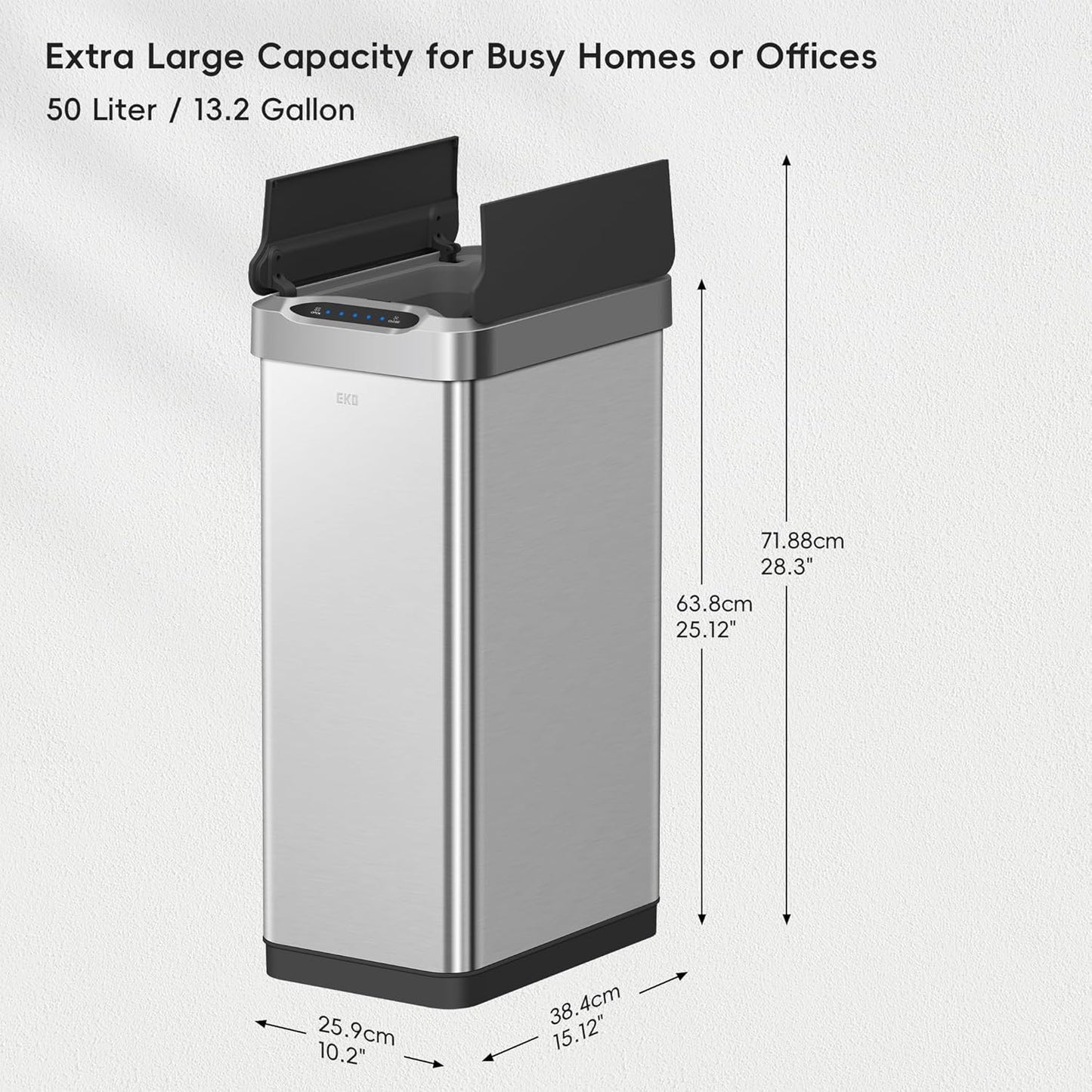 EKO Phantom-T 50 Liter / 13.2 Gallon Vertical Motion Sensor Trash Can, Brushed Stainless Steel Finish