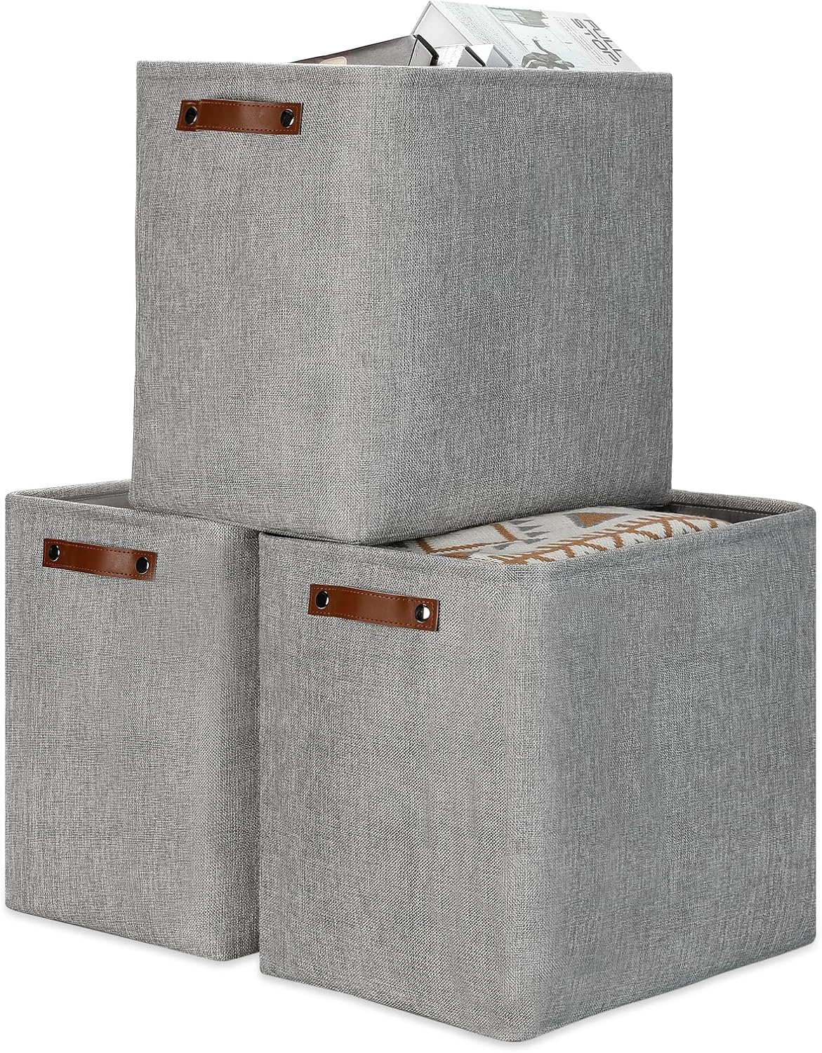 DULLEMELO Large Storage Baskets for Blankets Living Room 51L Canvas Storage Baskets for Organizing 3 Pack Collapsible Baskets Bins for Organizing Home Office with Handles (Grey)