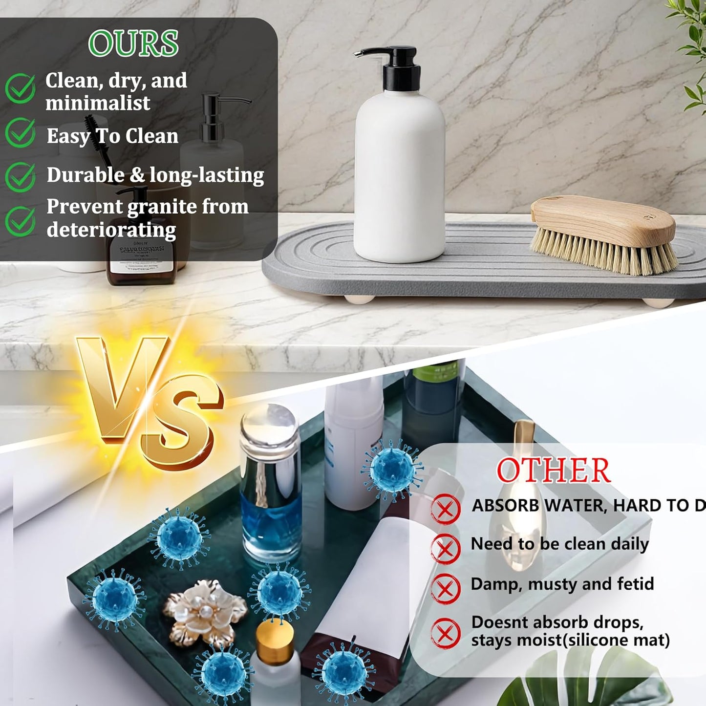 Instant Dry Sink Caddy Organizer, Fast Drying Sink Caddy, Water Absorbing Stone Sponge Holder for Kitchen and Bathroom Countertop with Natural Loofah and Wooden Feet