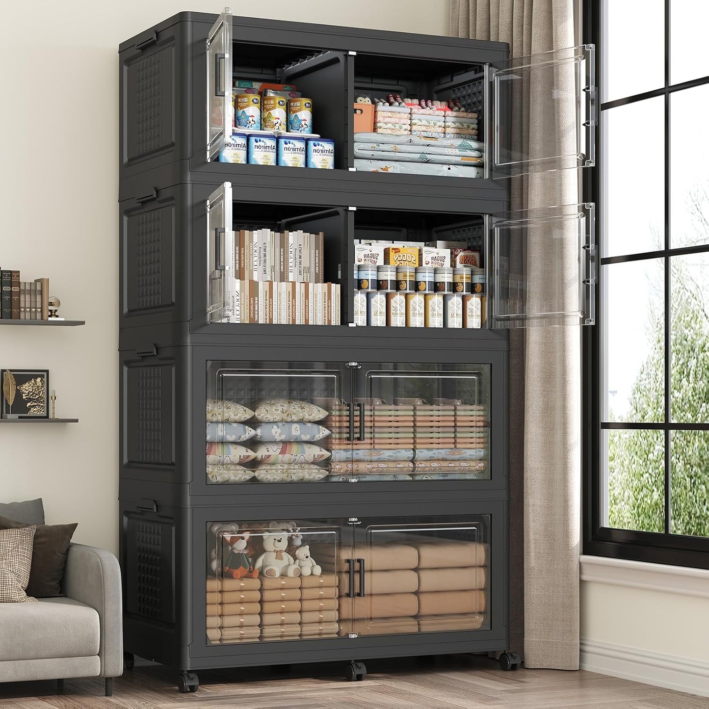 160GAL Storage Bins with Lid and Wheels, Stackable Closet Organizers and Storage Drawer, Collapsible Storage Box with Dividers, Foldable Plastic Cabinets Cubes Totes for Garage, 4 Pack Black