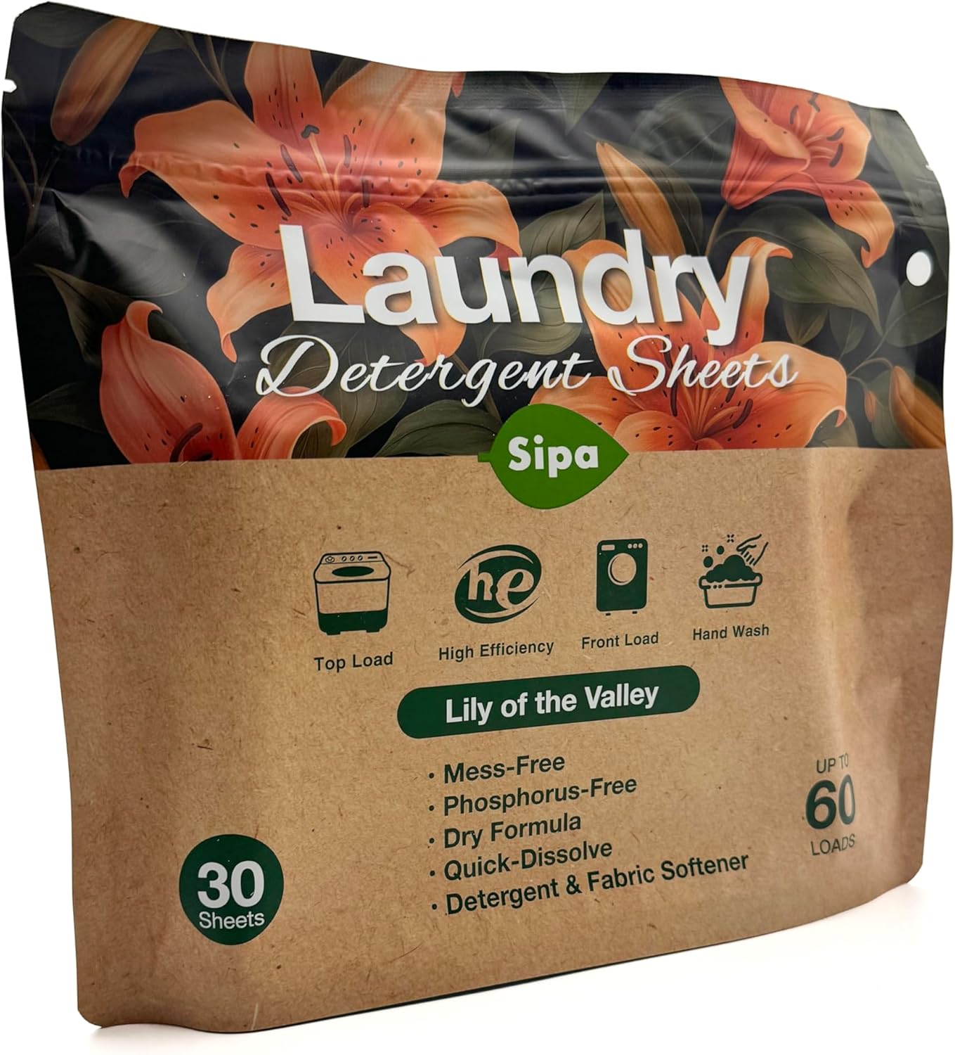 Pack of 5 SIPA Laundry Detergent Sheets Bag - 30 Sheets, Up to 60 Loads, Lily of the Valley Scent, Phosphorus-Free, High Efficiency, (30 Count (Pack of 5))