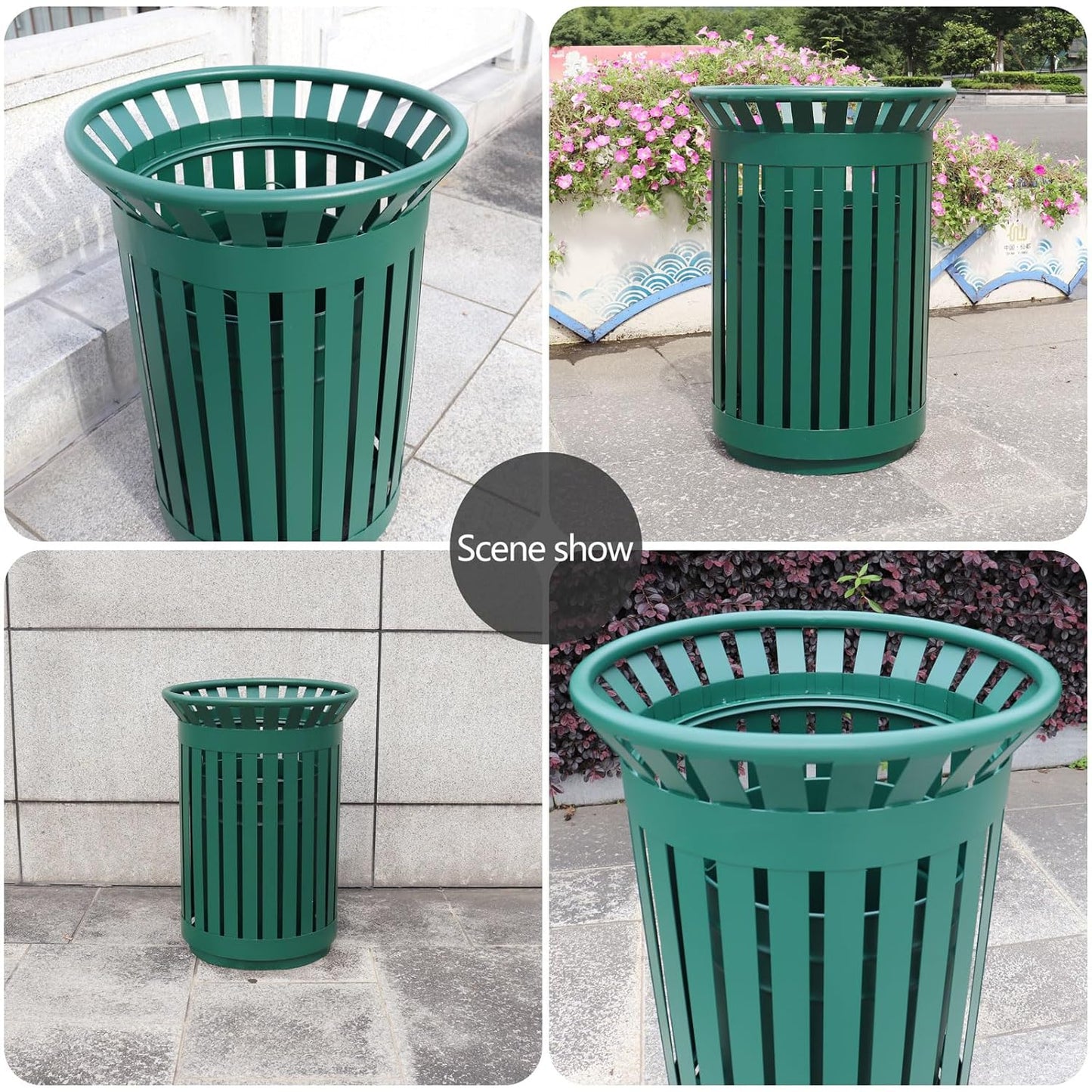 Outdoor Metal Slatted Trash Receptacle,Waste Receptacle，Commercial Trash Cans,Zone Round Garbage Bin,Square Hotel Street Patio Indoor Metal Stan (Big-Green)