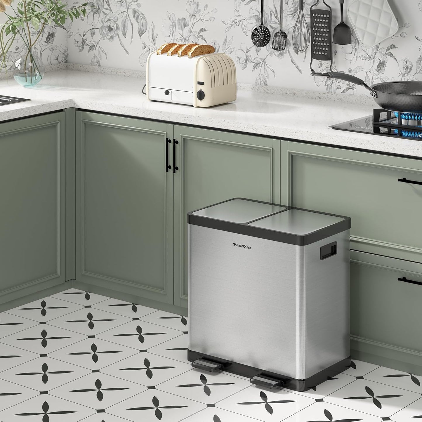 Kitchen Trash Can, 2 x 5.3 Gallon Garbage Can for Kitchen, Dual Compartment Recycling Trash Can, Trash and Recycle Bin Combo, Stainless Steel, Soft-Close Lid, Fingerprint Proof