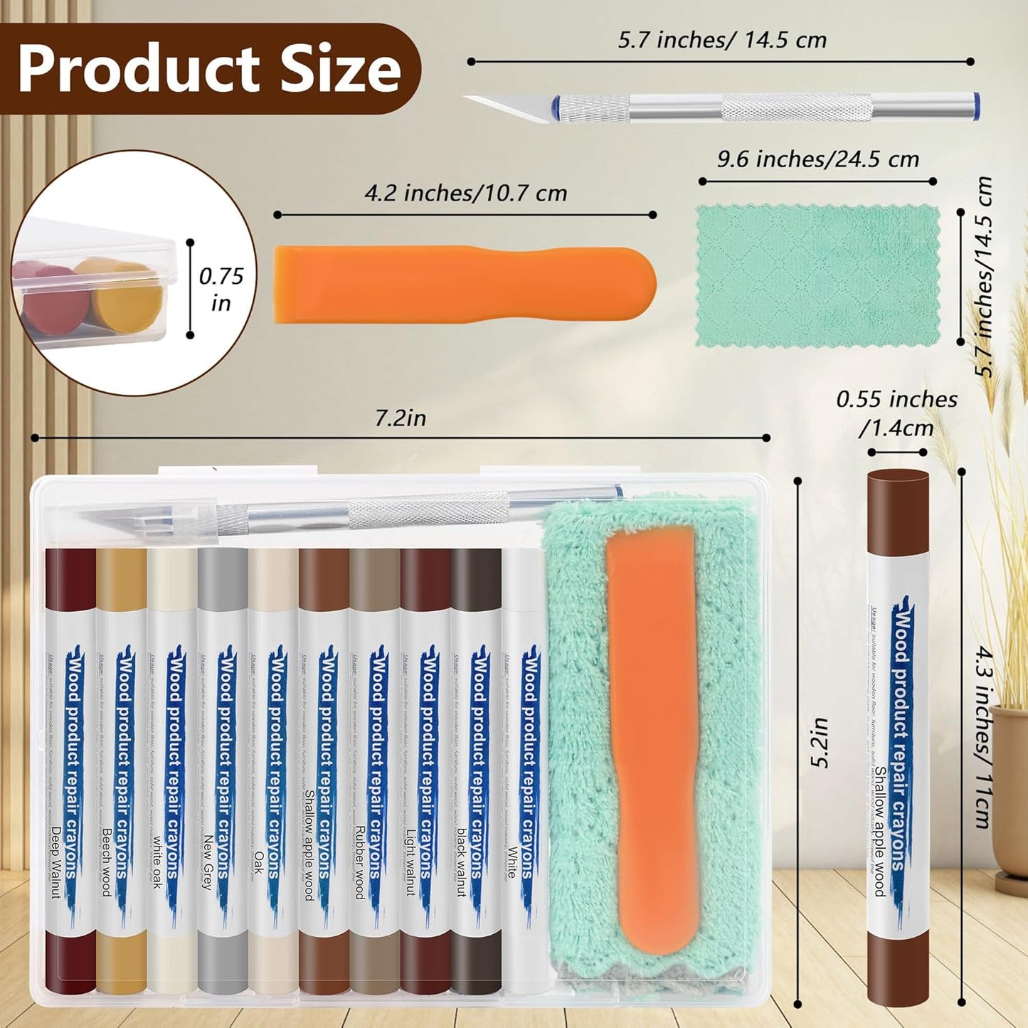 Wood Filler Sticks with 1P Box, 1P Knife, 1P Scraper and 1P Rag, Pletpet 10 Colors Furniture Crayon Touch Up Wood Filler Nail Hole Wax Sticks for Repairing Scratches and Nail Holes (10p)