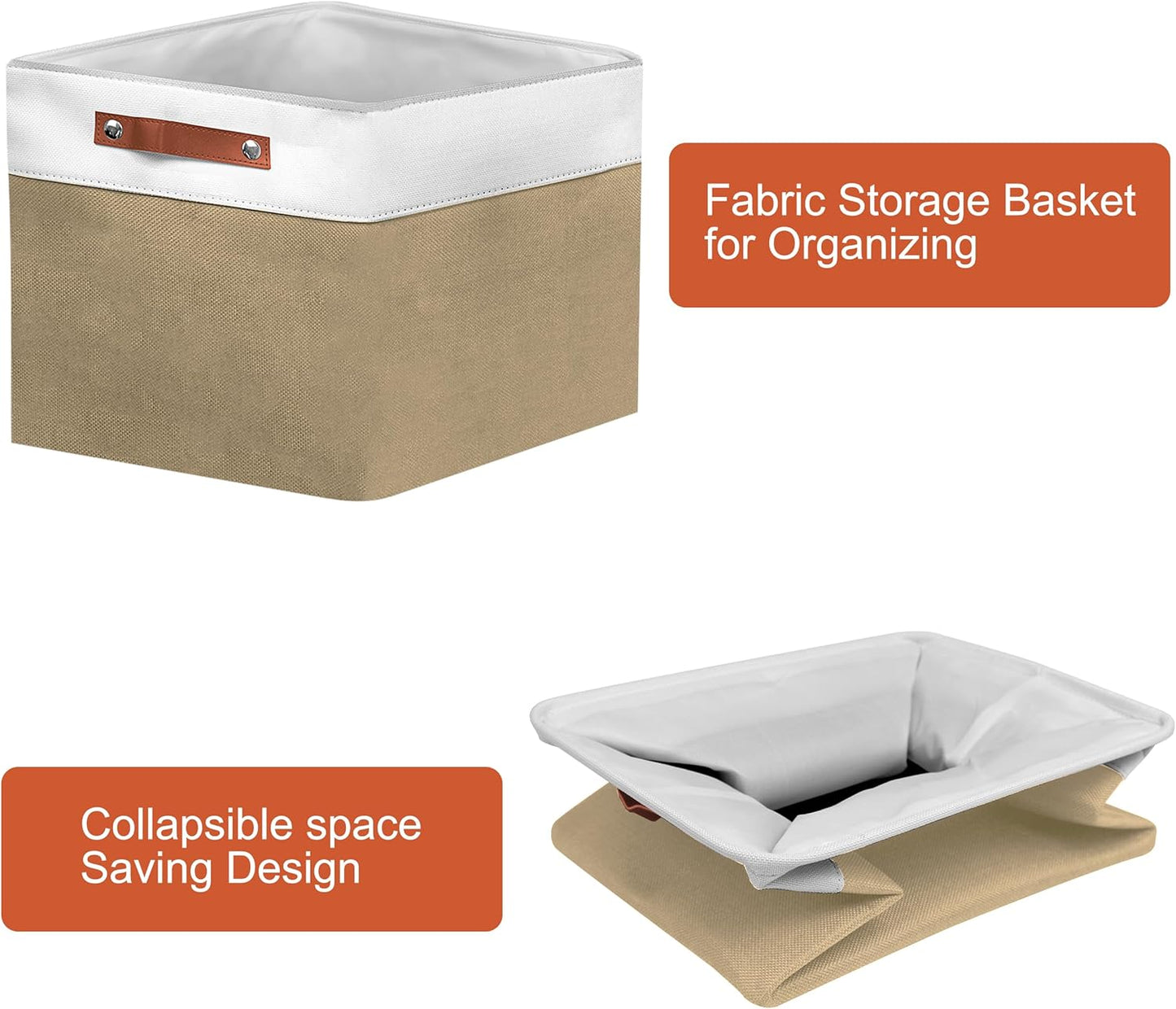 11in Open Fabric Storage Basket with Leather Handles for Organizing, Collapsible Linen Closet Bins for Shelves, Closets, Laundry, Decorative Basket for Gifts. (White＆Khaki, 3PCS/11x11in)