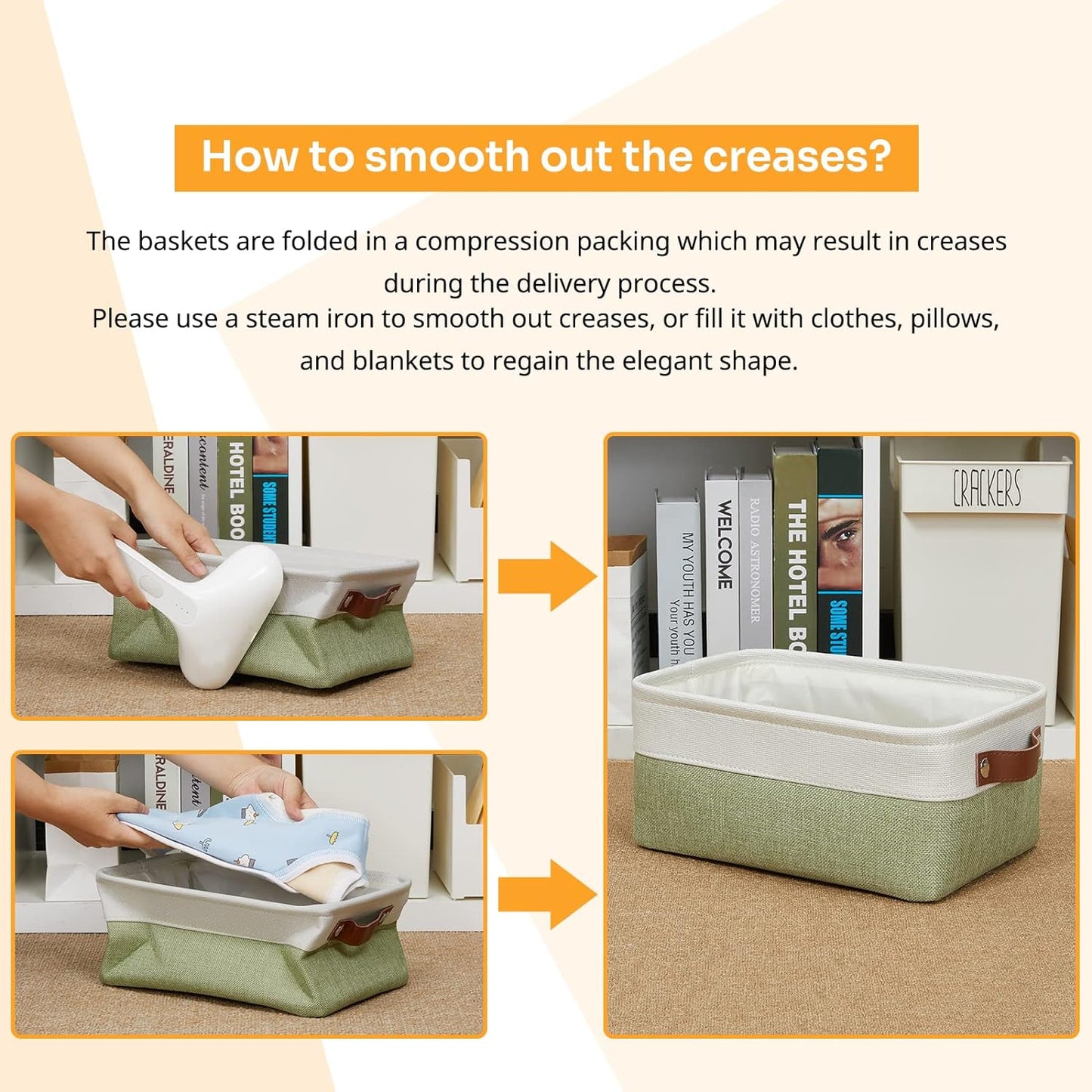 DULLEMELO Small Storage Basket, Fabric Collapsible Gift Storage Basket for Shelves, Closets, Nursery, Home, Office Organizing, Small Canvas Linen Rectangular Storage Bin with Handles (White&Green)