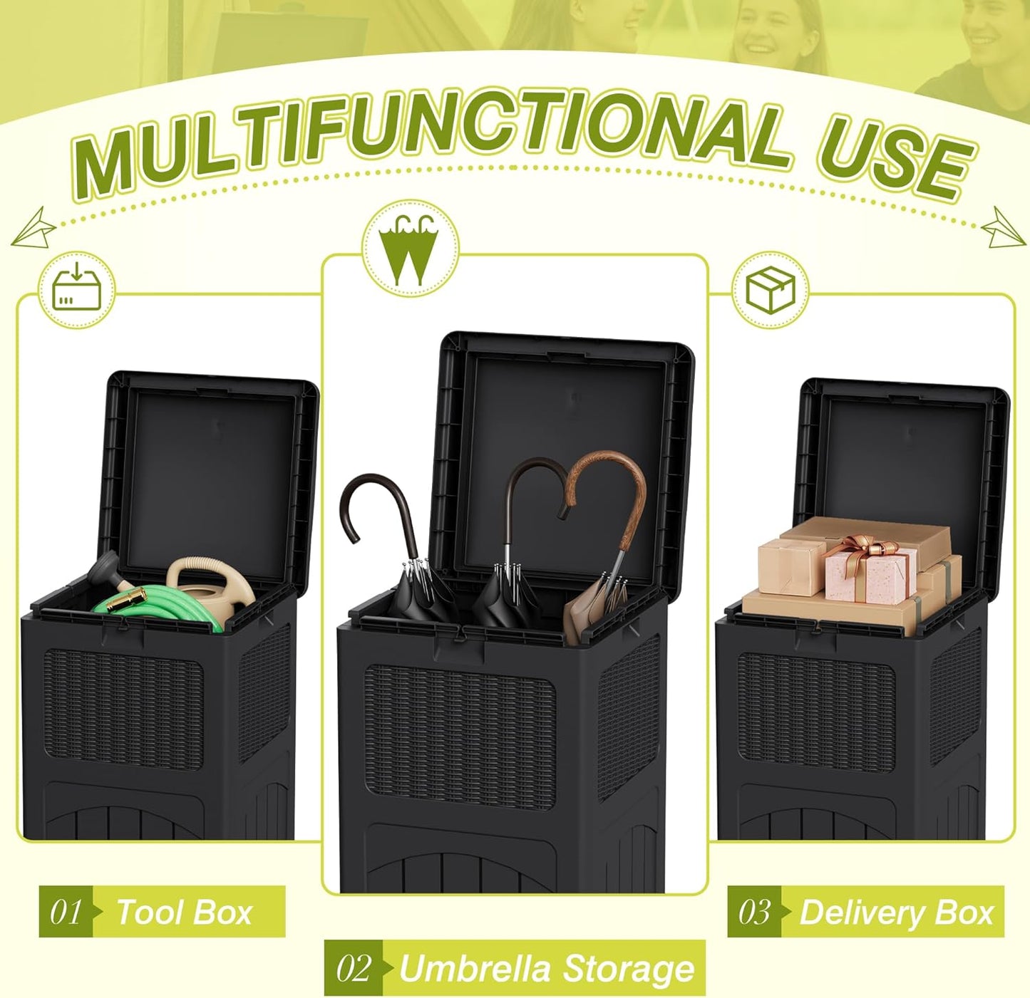 Greesum 33 Gallon Outdoor Trash Can with Lid, Waterproof Resin Garbage Bin for Hideaway, Deck, Patio, 3 Pack, Black