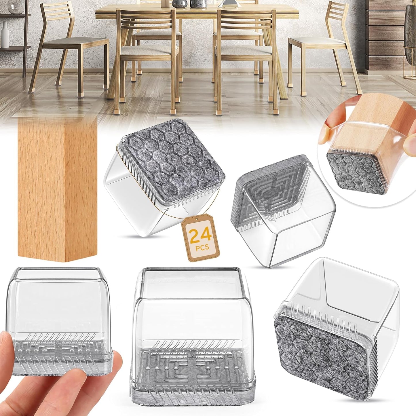 24PCS Square Chair Leg Floor Protectors, Furniture Sliders, Chair Leg Protectors for Hardwood Floors, Non-Slip Felt Furniture Pads, Silicone Cap Covers to Protect Floors, (Fit 1.5" - 2")