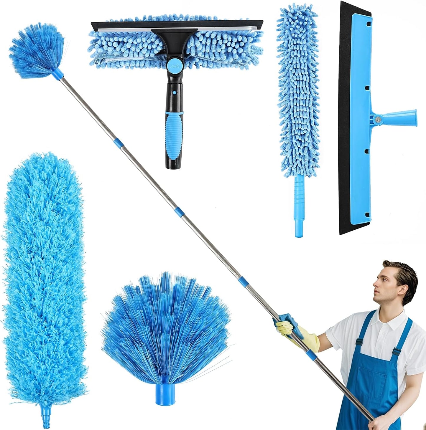 High Reach Duster Kit with14 ft Extension Pole High Ceiling Dusting and Window Cleaning Kit with Spliceable Pole - Cobweb Duster, Fan Blade, Window Washer & Squeegee and Feather Dusters