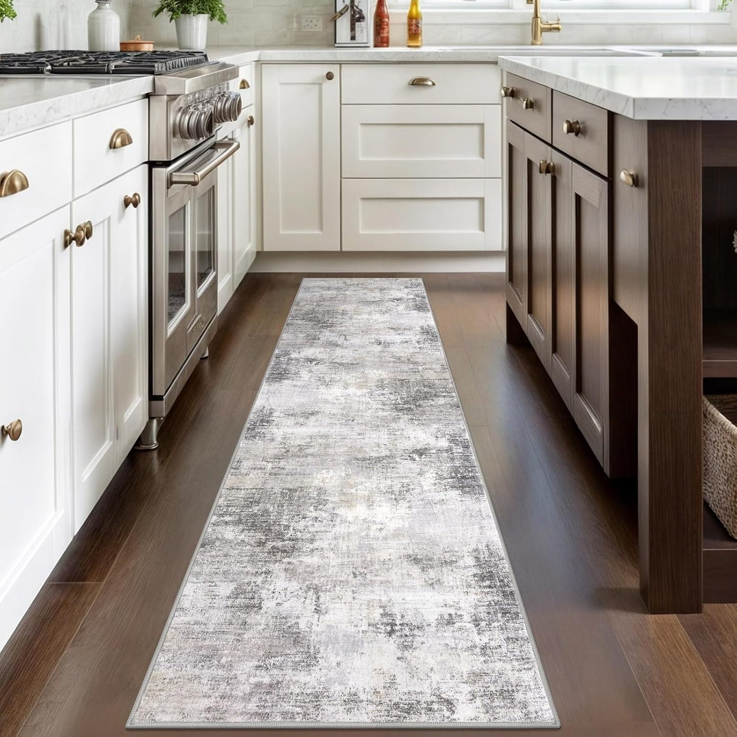 IOHOUZE Abstract Runner Rug 2x8 Ft Washable Runners for Hallways, Non Slip Kitchen Runner Printed Faux Wool Entryway Runner Indoor, Modern Abstract Floor Carpet for Hall Kitchen Bedroom, Grey Beige