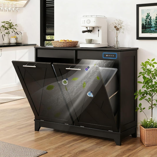 Double Tilt Out Trash Can Cabinet, 10 * 2 Gallon Garbage Trash Bin with Charging Station and Deodorizing Function, Dog-Proof Storage Cabinet for Hidden Bathroom Laundry Hamper, Black