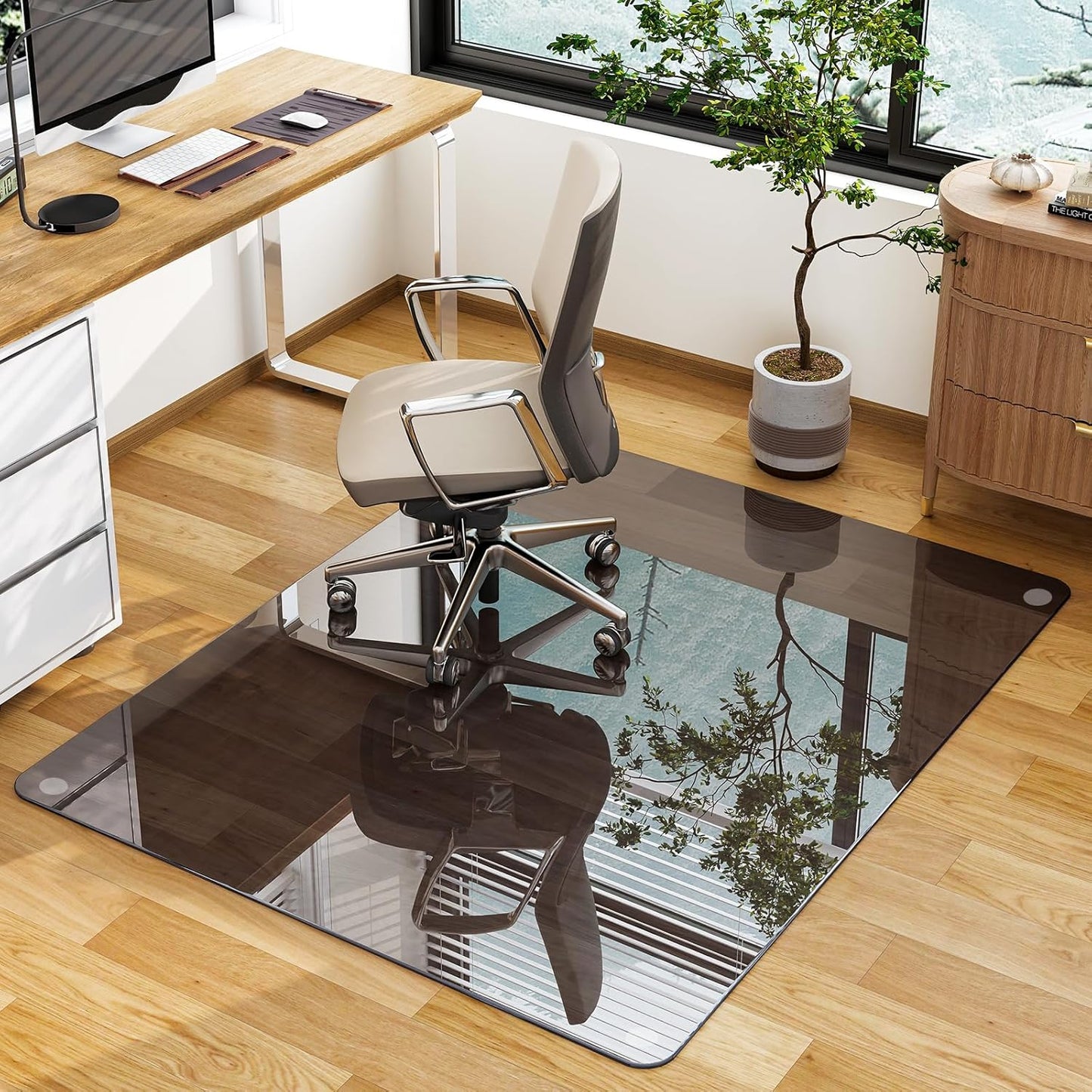 GLSLAND Office Chair Mat, 36" x 46" Grey Tempered Glass Floor Mat for Office Chair on Carpet, 1/6" Thick Computer Floor Mat with 4 Anti-Slip Pads