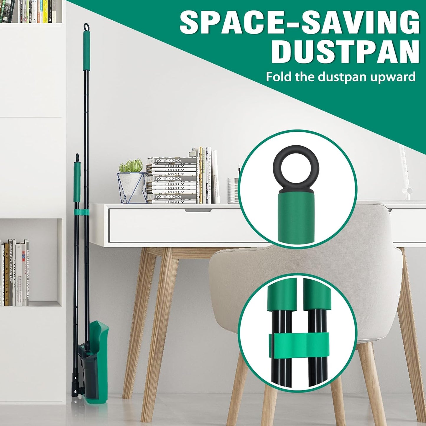 JEHONN Broom and Dust Pan, Upgraded Large Foldable Dustpan with Comb Teeth, 53.5 inches Long Handle Swivel Brush Indoor for Home Kitchen Lobby Floor Cleaning (Green)