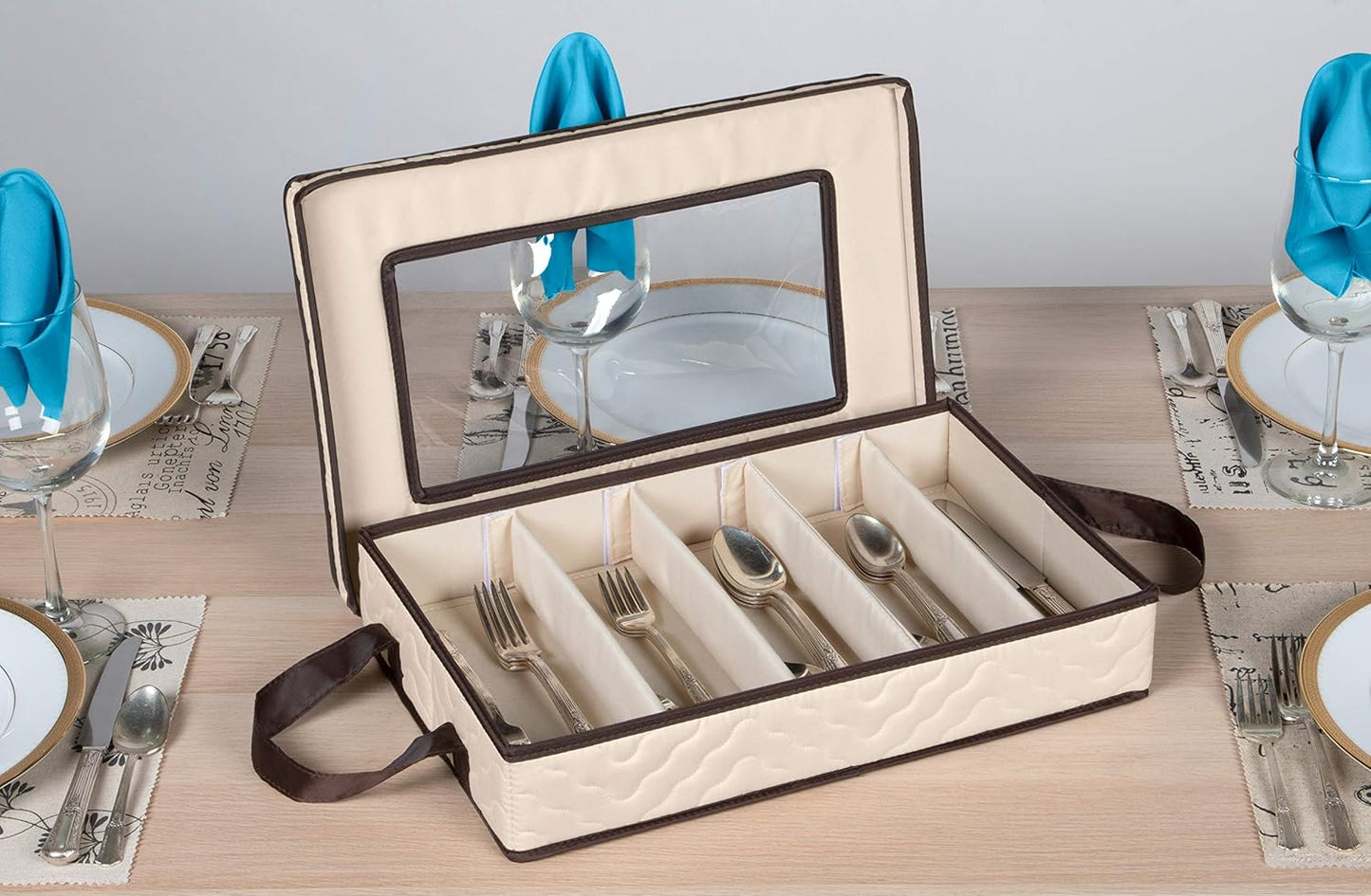 Flatware Storage Case - Durable 5 Compartment Silverware Storage Container Box with Removable Lid and Easy to Carry Handles - Large Capacity Keeps Your Cutlery Organized & Protected - Beige