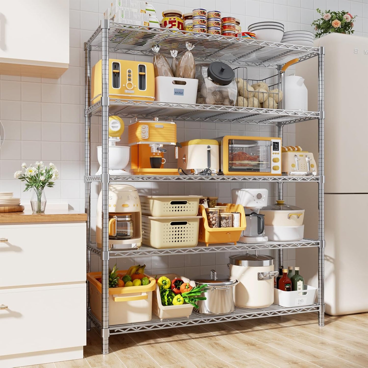 Storage Shelves, 48" L x 20" W x 72" H Heavy Duty Garage Wire Shelving Unit Loads 2000LBS, 5-Tier Adjustable Metal Industrial Utility Shelf Rack for Kitchen, Laundry Room, Basement