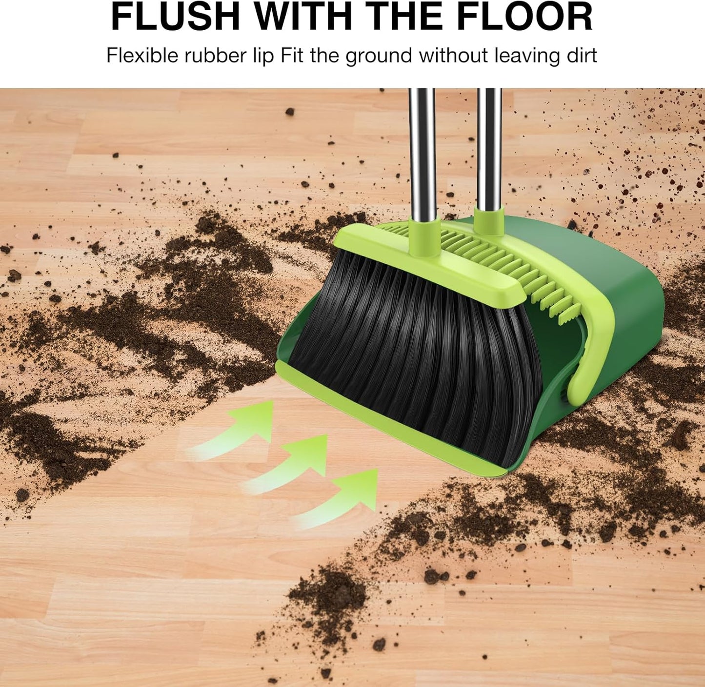 Broom and Dustpan Set, 52-in Long Adjustable Handle Broom Dustpan Combo with Dust pan Teeth to Automatically Clean Hair Suitable for Home Kitchen Office Hall Floor（Green）