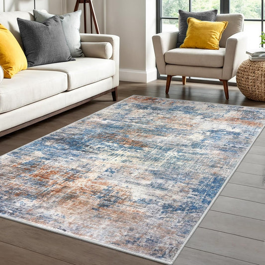 IOHOUZE Abstract Area Rug 4x6 Ft Washable Rugs for Entryway Indoor, Non Slip Small Living Room Rugs Printed Faux Wool Throw Rug, Floor Carpet for Kitchen Nursery Playroom, Blue Rust