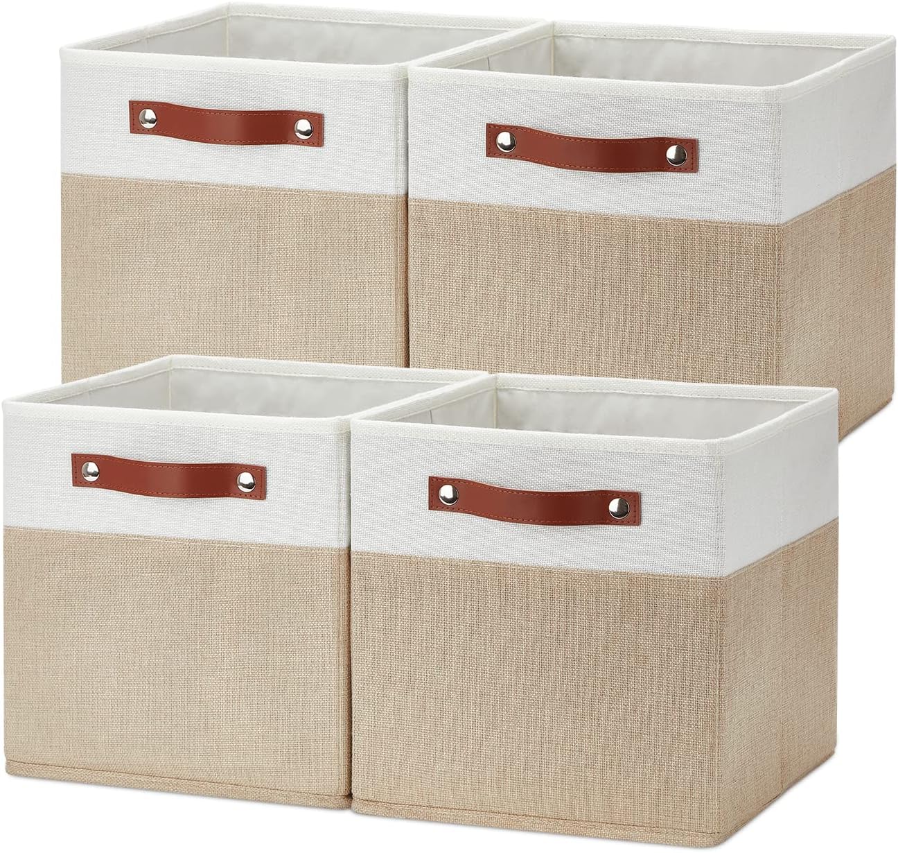 Temary Fabric Storage Cubes Bins, 11 inch Cube Storage Baskets, Foldable Cube Bins Set with Handles, Decorative Storage Boxes for Home Organizing (White & Khaki, 11 x 11 x 11)