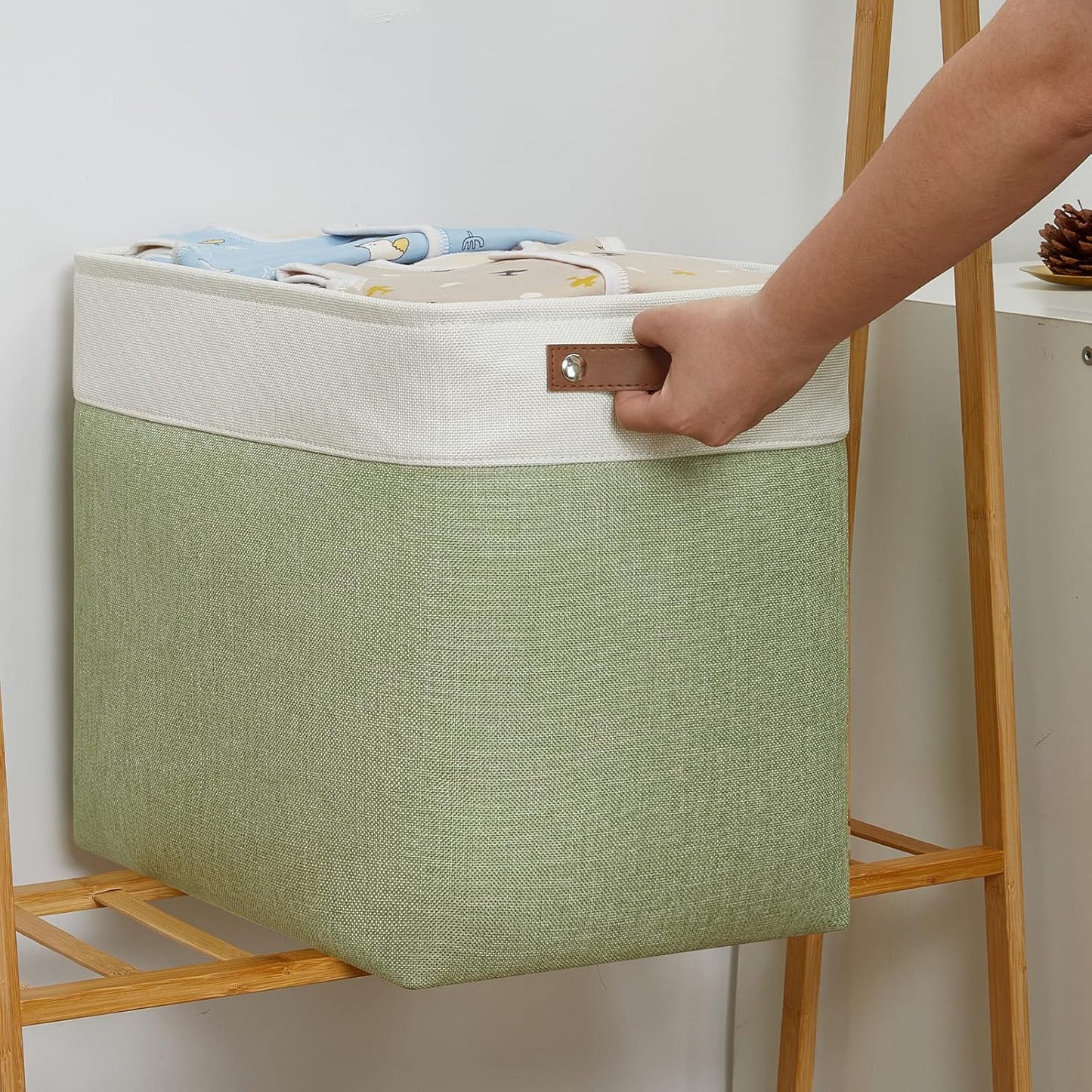 DULLEMELO Large Storage Basket 17"x12"x15", Fabric Storage Organizer Basket for Storage Clothes, Large Fabric Bin for Organizing Book, Storage Bin with Handles for Storage Toy (White&Green)