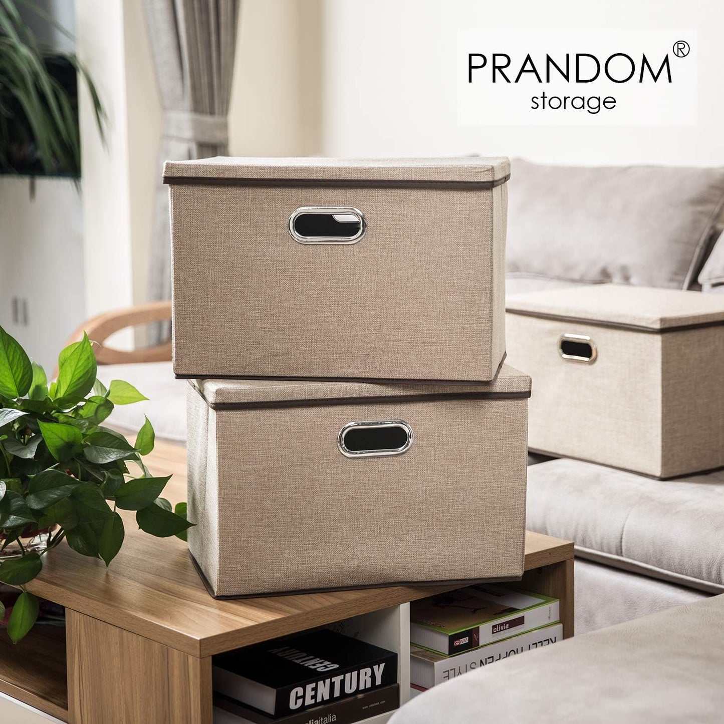PRANDOM Large Collapsible Storage Baskets with Lids [5-Pack] Jute Fabric Foldable Storage Bins Boxes Organizer Containers Cube with Cover for Home Bedroom Closet Office Nursery (17.7x11.8x11.8)