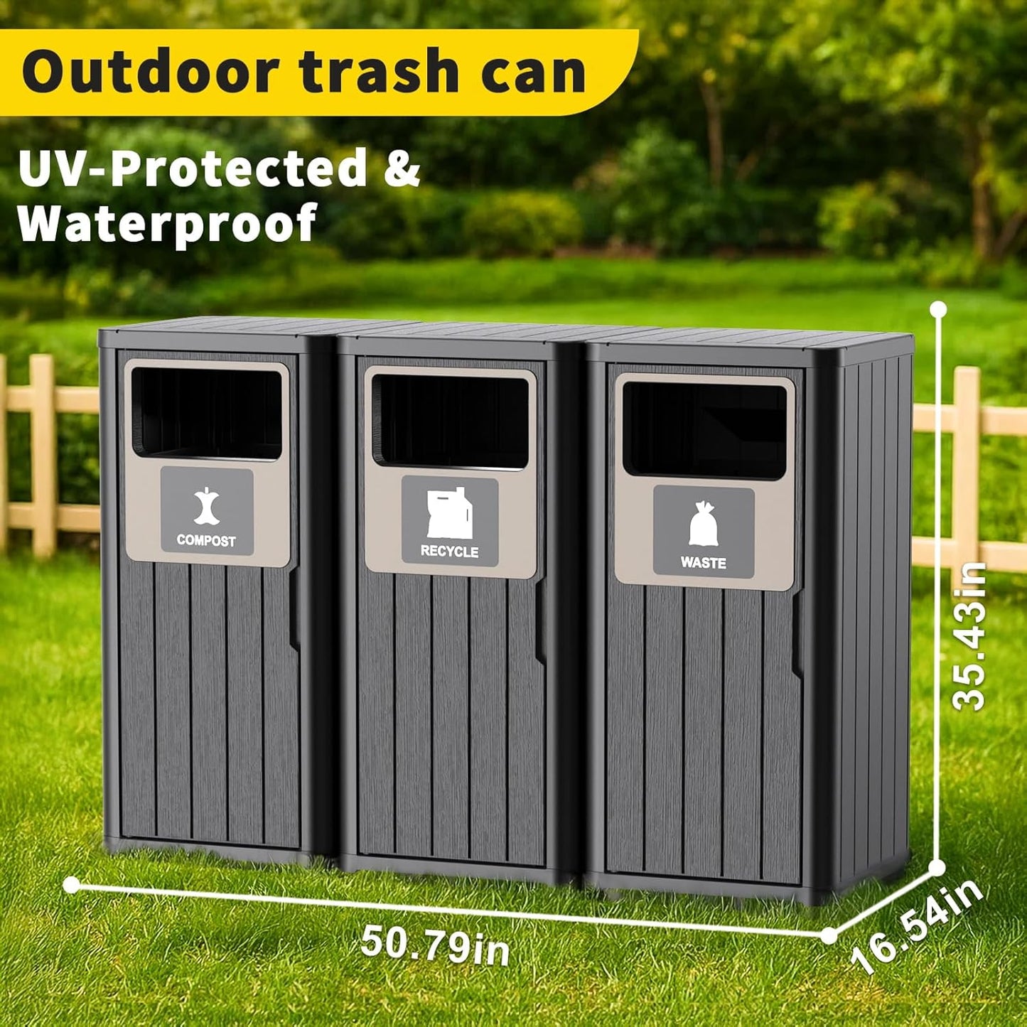 Outdoor Three Barrel Trash Can,Waterproof Resin Garbage Can with Garbage Labels,Durable Waste Bin for Porch, Backyard,Kitchen,for 30 to 39 Gallon Trash Bags