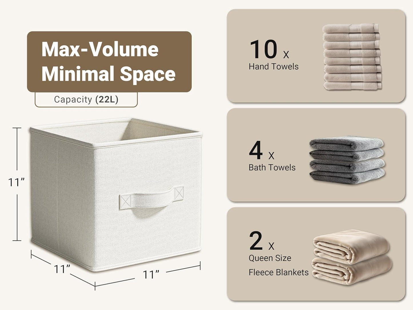 4 Pack Foldable Fabric Closet Storage Bins, 11Inch Organizer Cubes with Handles, Linen Storage Boxes for Clothes, Toys, Books and Home Organization, White& Ivory