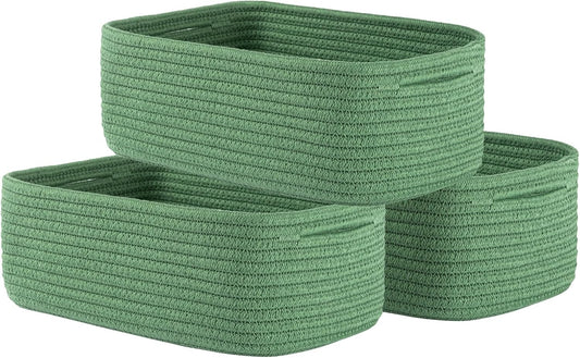 Small Woven Basket, 12 x 8 x 4.5 Inches, Storage Basket for Organizing, Cute Small Rope Shelf Closet Cube Storage Bins Baskets for Shelves, Dog Toy Gift Baskets Empty, 3 Packs, Green