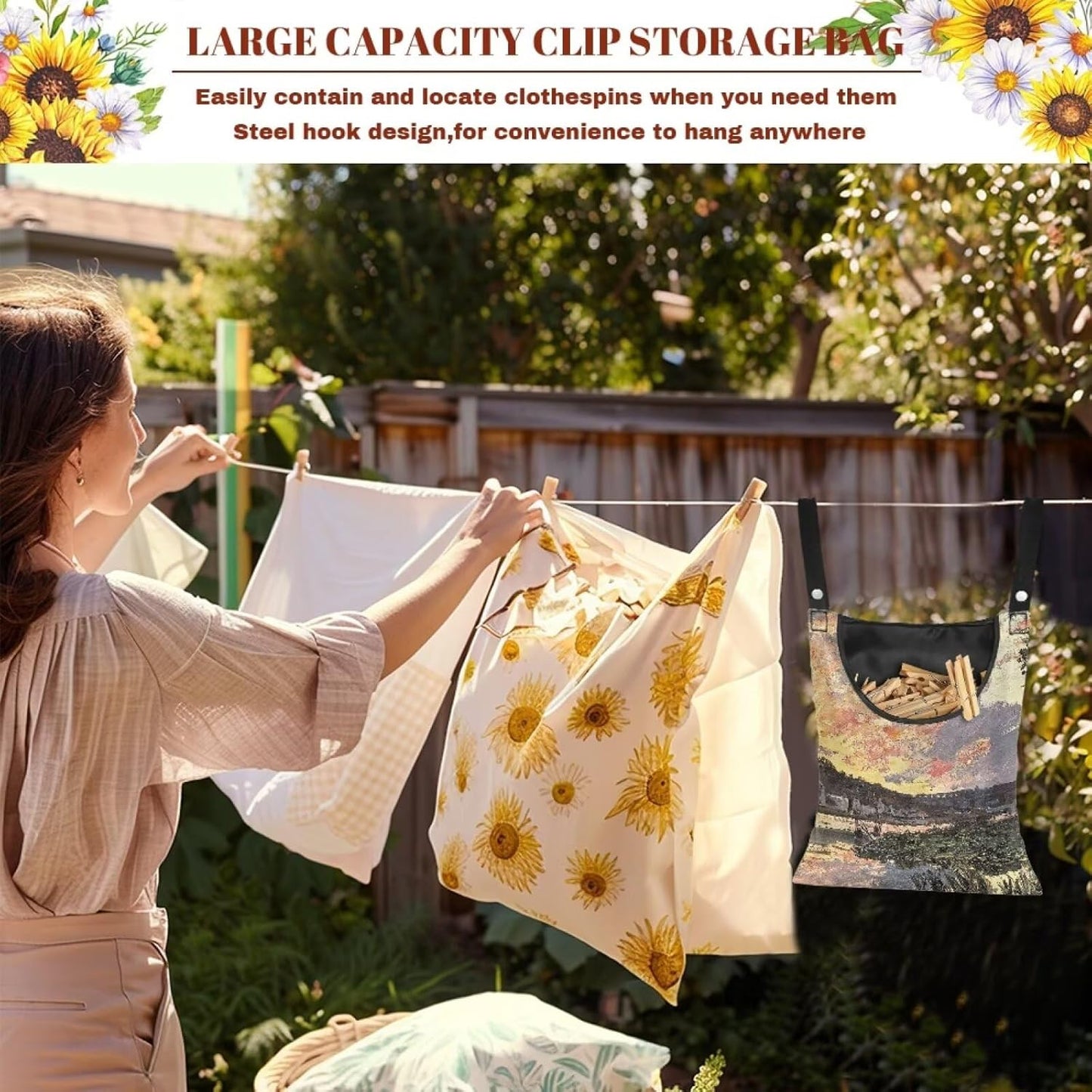 All-Weather Clothespin Holder Bag - Bennecourt, Soleil Couchant Durable Outdoor Storage Solution for Clothes Pins - Features Windproof Design & Secure Snap Closure - 14.5"x12" Size