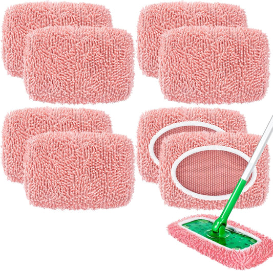 8 Pack Reusable Mop Pads Compatible with Swiffer Sweeper, Microfiber Chenille Washable Swiffer Mop Pads, Dry & Wet Sweeping Mopping Cloths (Pink)