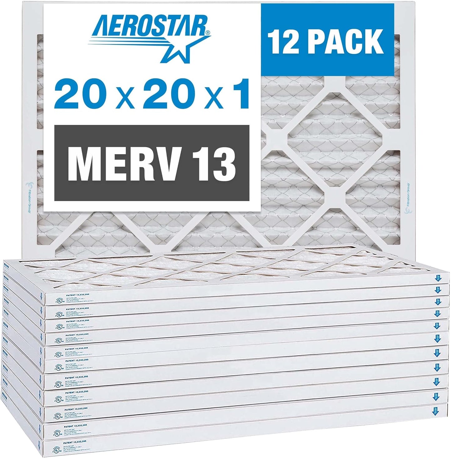 Aerostar 20x20x1 MERV 13-12 Count - Pleated Furnace & Air Conditioner Filters - Removes Bacteria, Dust, Cold & Flu Germs, Lint, Mold, Pet Dander, Allergy-Causing Pollen, Smog, Smoke & Viruses