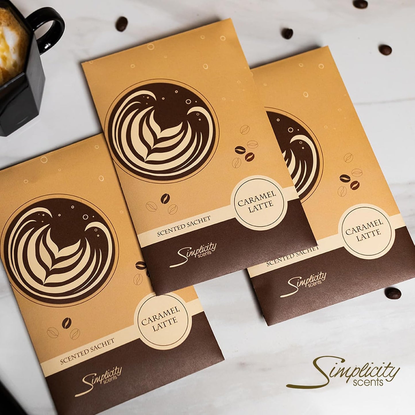 Floral Simplicity Caramel Latte Scented Sachets Pack of 3, Fall & Winter - Long-Lasting Scented Bags, Home Fragrance, Air Freshener & Deodorizer for Closet, Room, Drawer, or Cars, Made in The USA