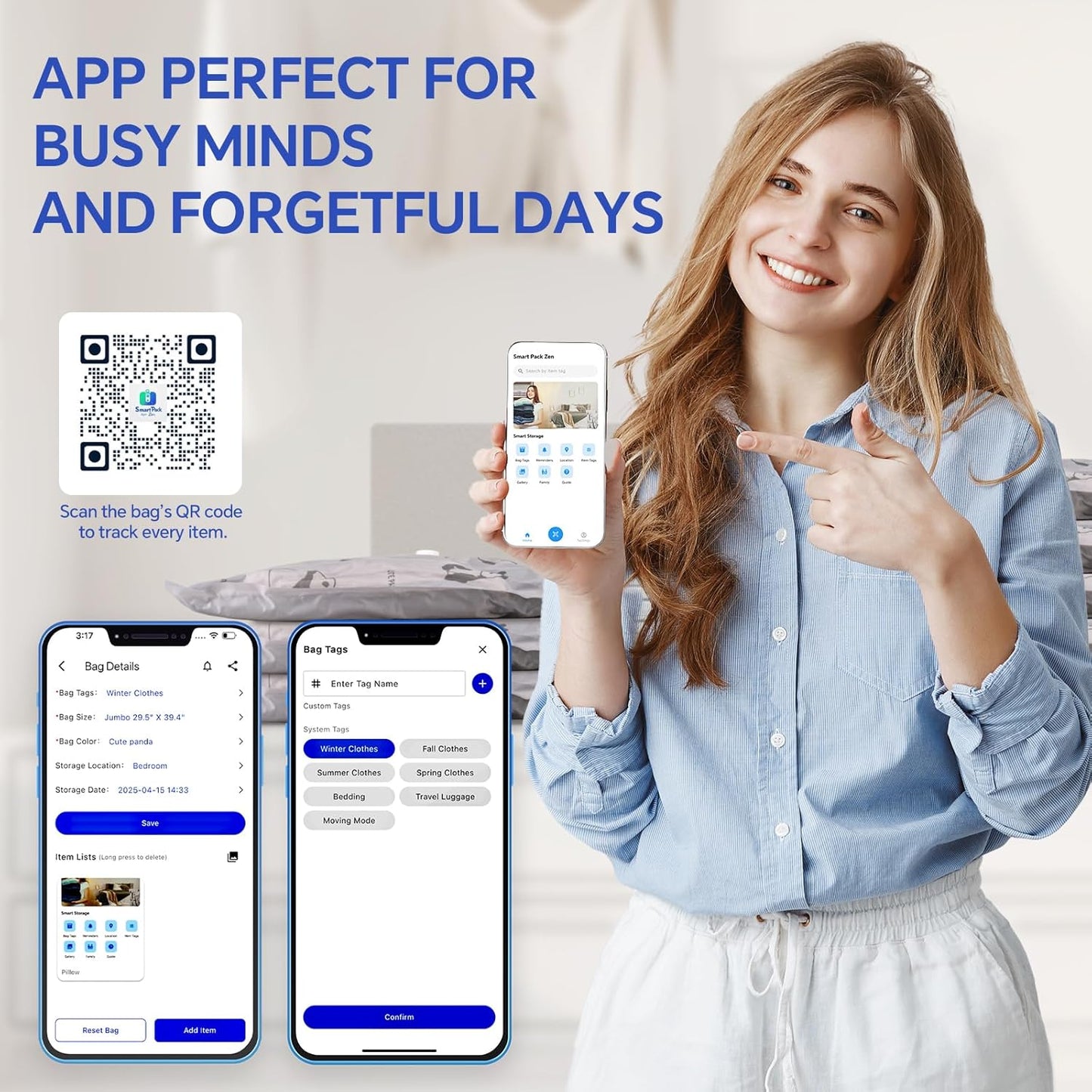 Heavy Duty Space Saver Vacuum Storage Bags with Pump & Smart Storage App, Reusable Oxford Fabric Vacuum Seal Bags for Bedding, Clothing, Blankets, Comforters & Travel Luggage(12 Pack)