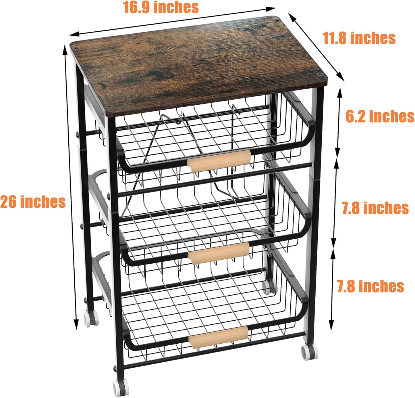 4-Layer Fruit Basket Kitchen Food Organizer and Rack, Stackable Storage Cart with Desktop, Pull-Out Hollow Metal Basket, Sliding Out Storage (Black 4-Layer Rack)