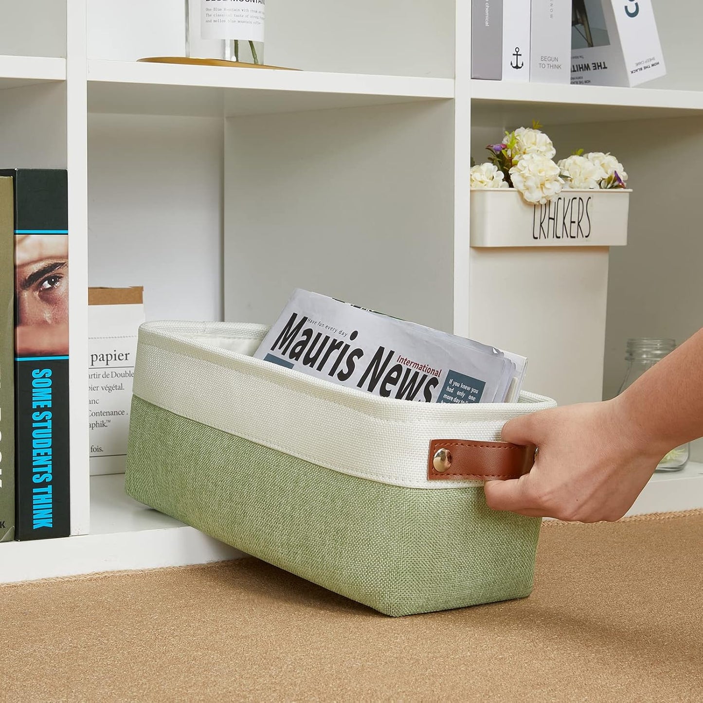 DULLEMELO Narrow Storage Basket for Bathroom, Toilet Paper Holder, Canvas Storage Basket for Organizing (White & Green)