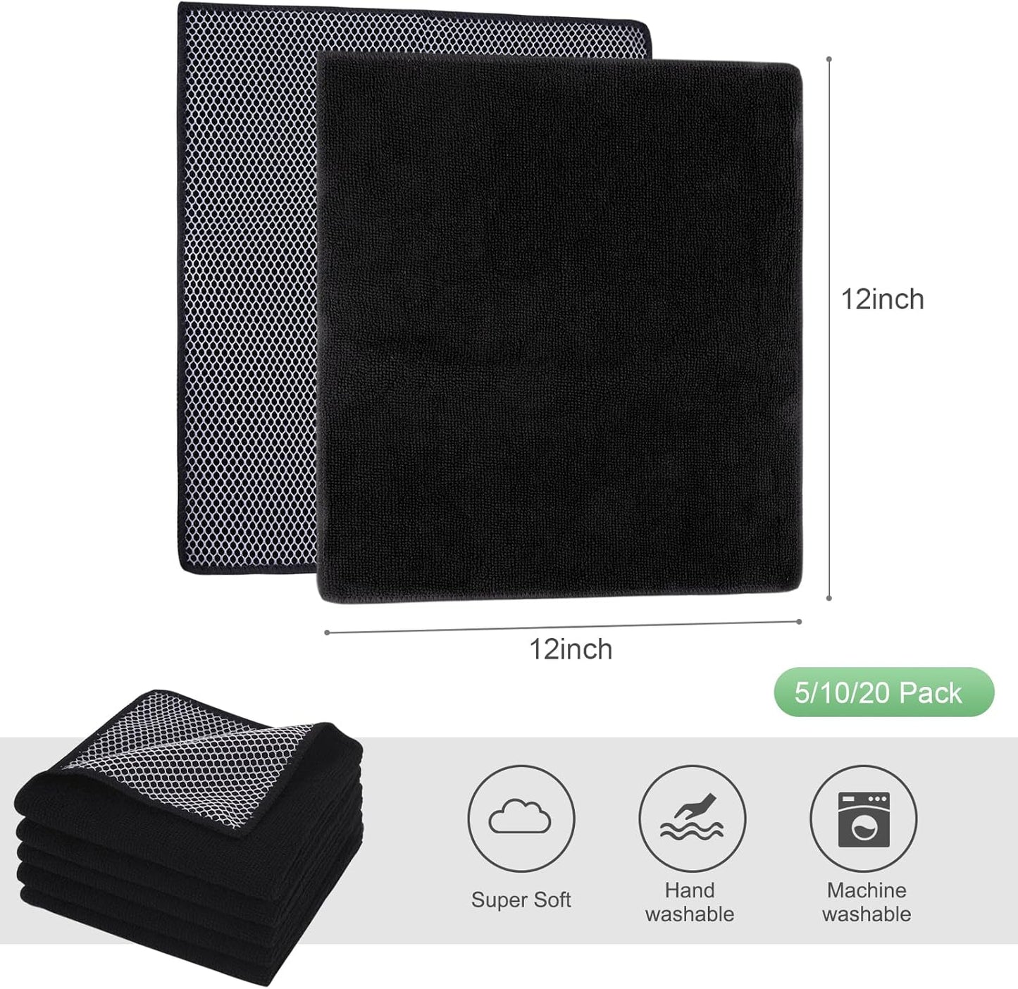 SINLAND Microfiber Dish Cloth for Washing Dishes Dish Washing Rags Best Kitchen Washcloth Cleaning Cloths Wash Cloths with Poly Scour Side 12Inchx12Inch 10 Pack Black