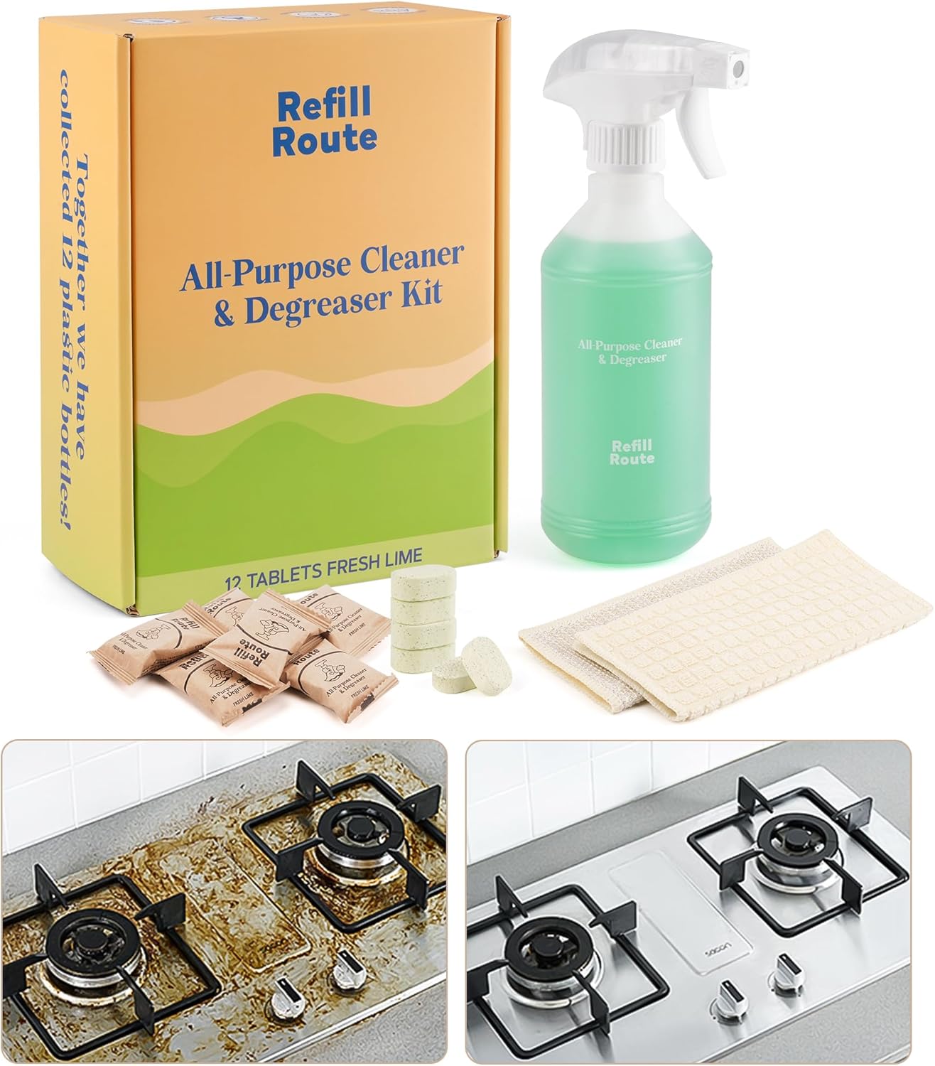 Kitchen Cleaner Spray, All Purpose Cleaner Kit, StoveTop Cleaner, Multi Purpose Cleaner Degreaser Tablets for Multi-Surfaces, Kitchen, Countertops, Ovens, Fresh Lime Scent, No-rinse Formula,192oz