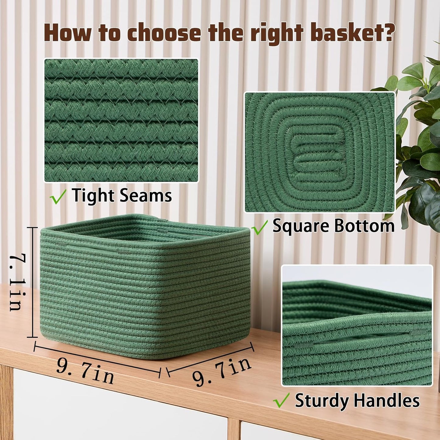 Small Organizing Baskets for Cubes Shelf, 9.7x9.7x7.1 Inch Rope Woven Storage Bins for Nursery Shelves Storage, Cute Toy Basket, Square 3 Packs Green