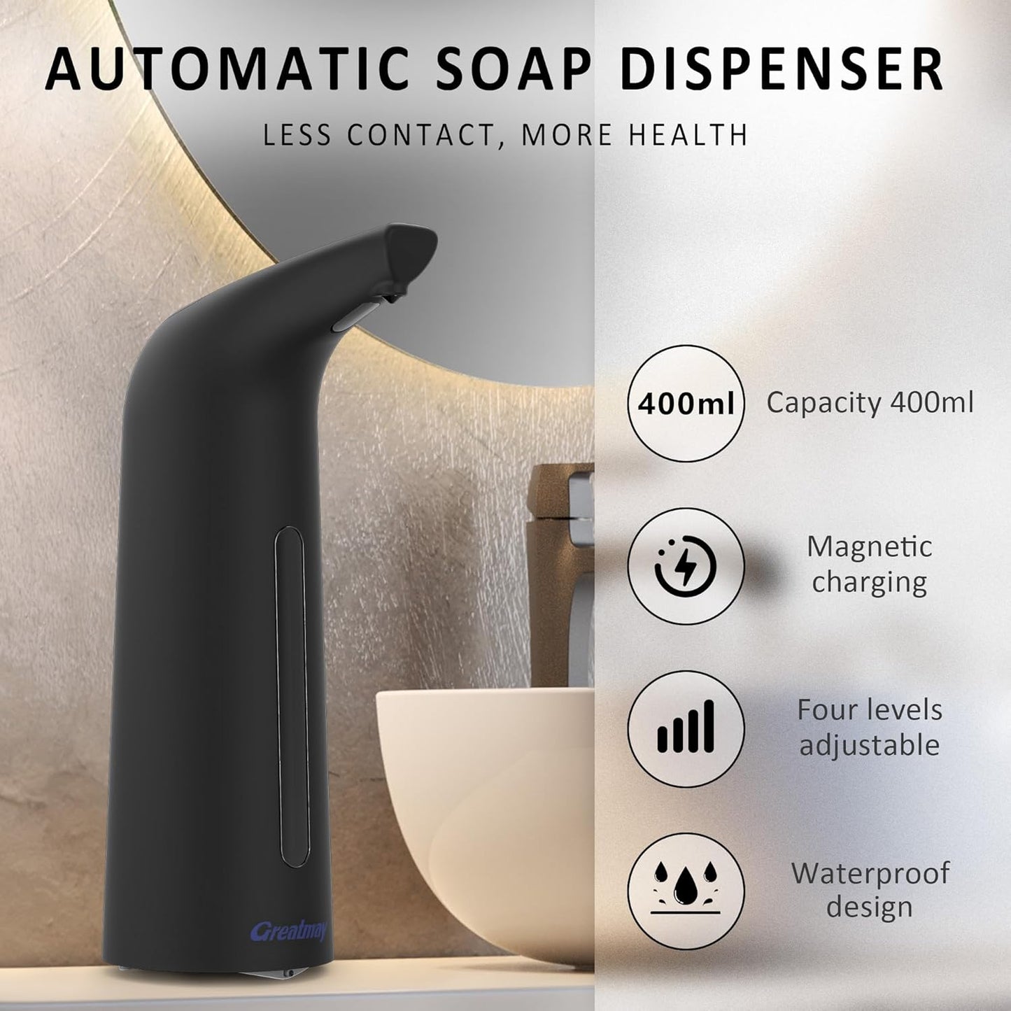Convenient Automatic Soap Dispenser,4 Adjustable Levels Touchless Hand Sanitizer Pump with Infrared Sensor, 400 ml Countertop Electric Soap Dispenser for Bathroom,Kitchen