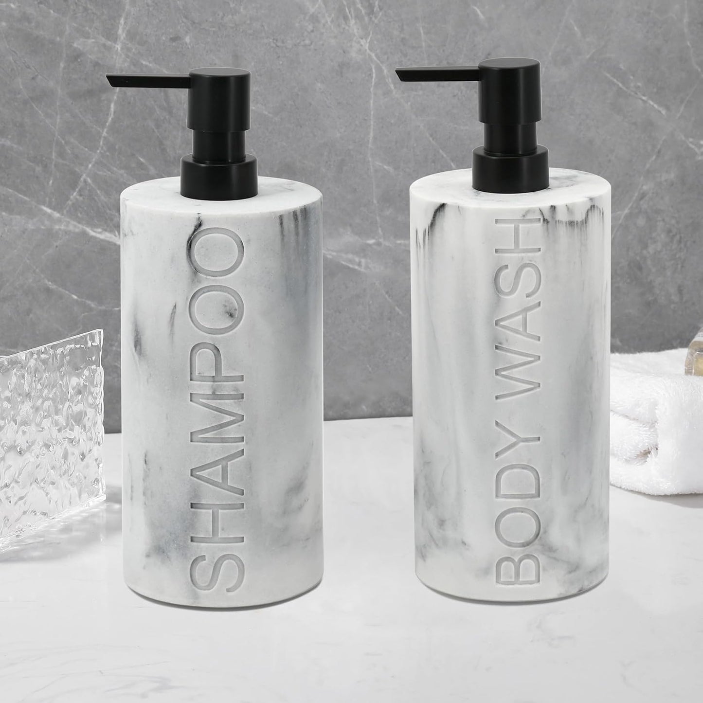 Marble Resin 2 Piece Shampoo and Body Wash Dispenser Set, Luxurious Refillable Pump Bottles with Matte Pump Top and Embossed Text, Durable Design for Bathroom and Shower