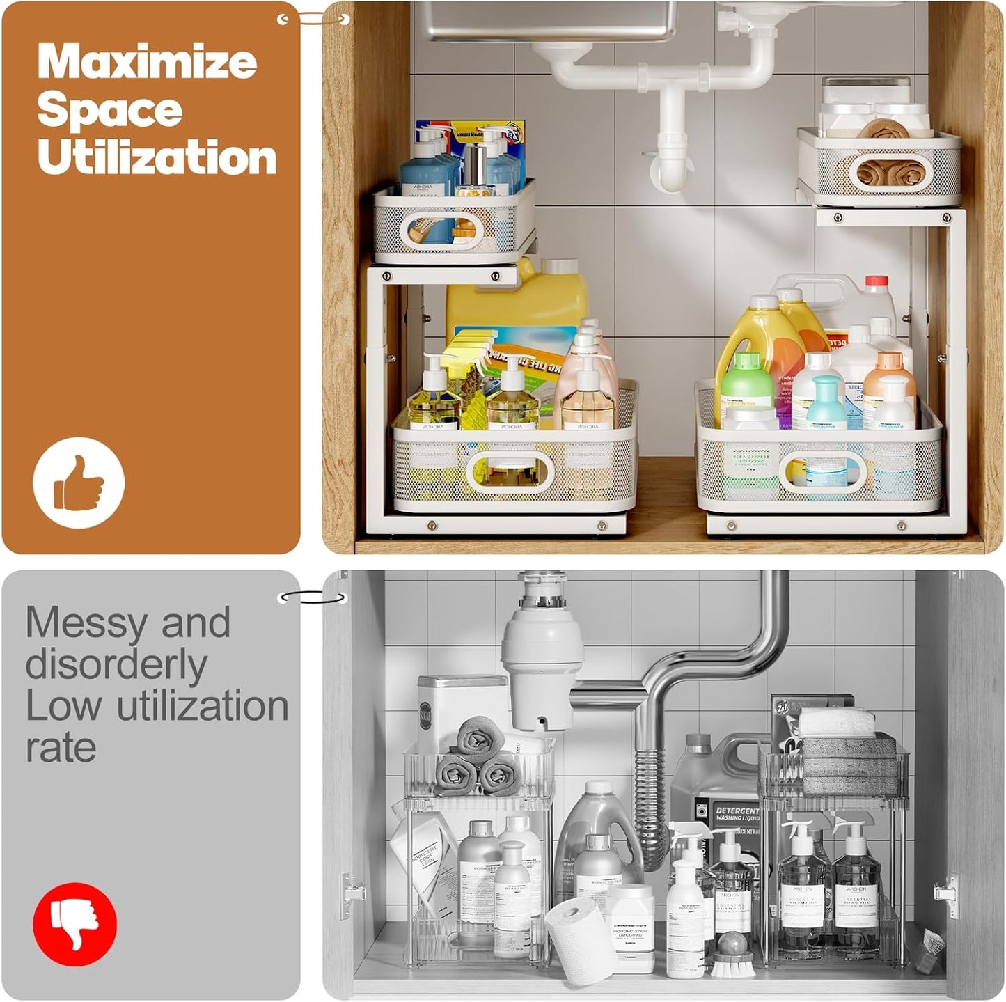 2 Pack 17.3IN-Depth Under Sink Organizer with Smooth Cylindrical Rail,2-Tier Pull Out Multi-Purpose Cabinet Storage for Bathroom&Kitchen,Height Adjustable,Rust-Resistant Coating-White