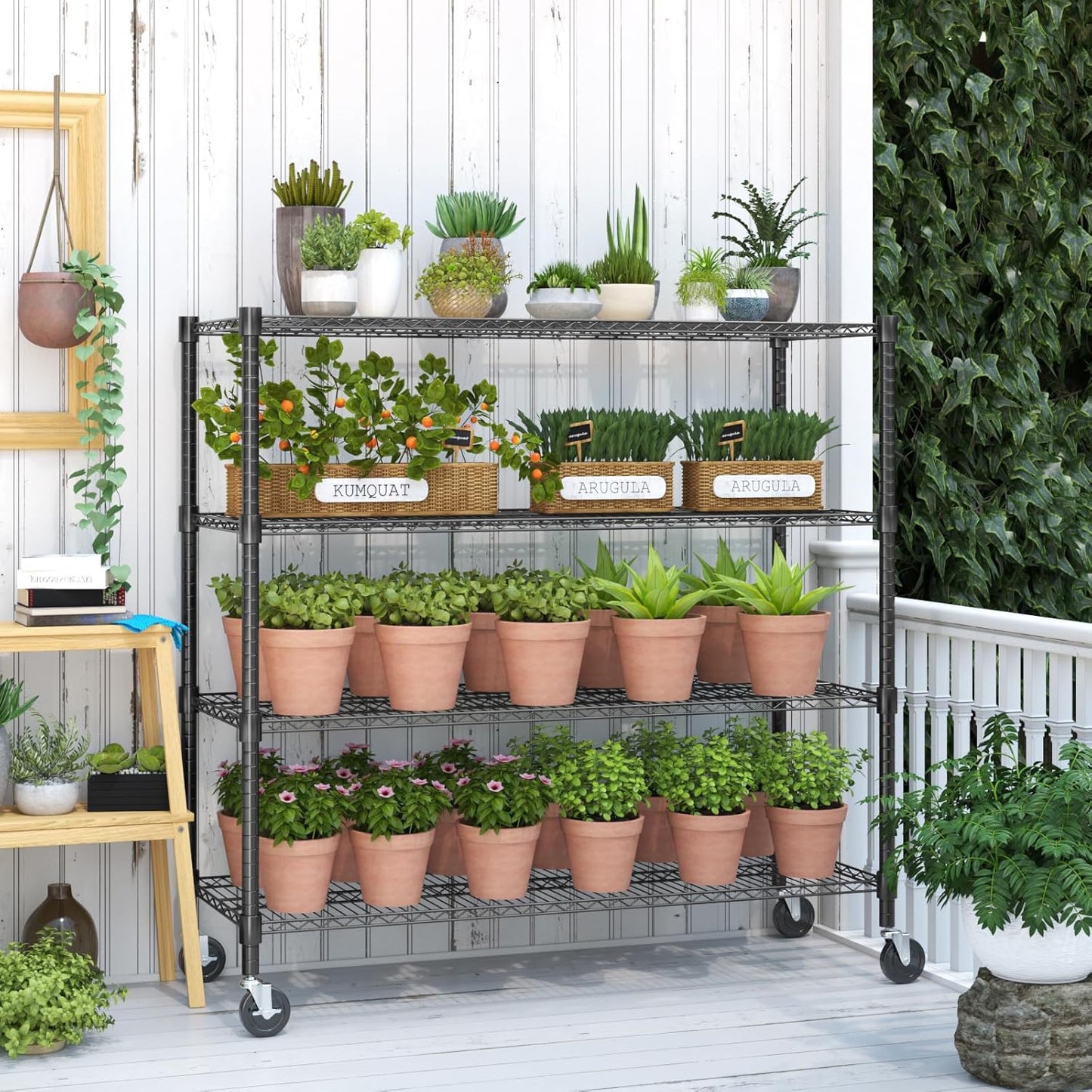 Himimi 72" H Storage Shelves 4 Tier Metal Shelving Adjustable Wire Shelf with Wheels, Heavy Duty Shelving for Garage Kitchen Pantry Bathroom Laundry 18" D*48" W*72" H, Black