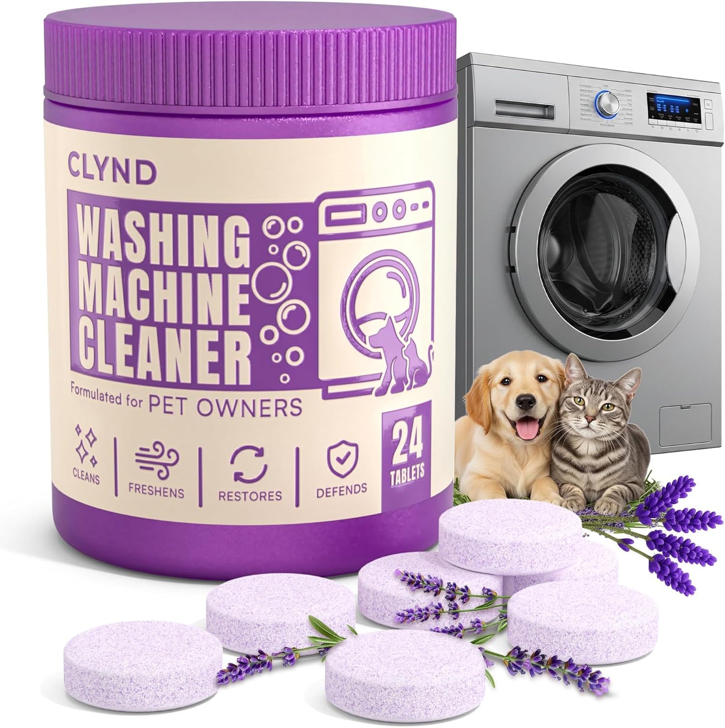 Washing Machine Cleaner Tablets 24 Pack for HE Front Load, Top Load Washing Machine Cleaning Tablets Descaler and Deodorizer, Formulated for Pet Owners, 1 Year Supply Laundry Washer Cleaner