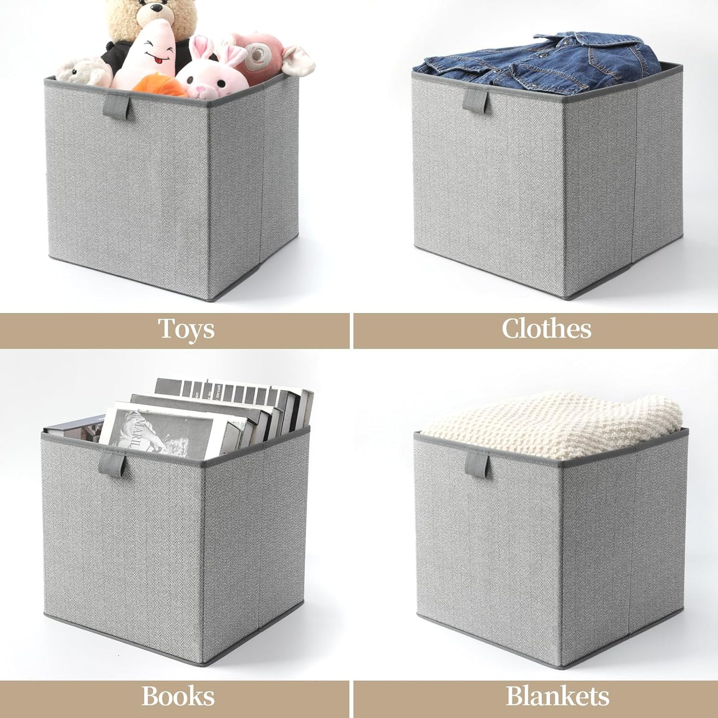 Storage Baskets, 11.8-Inch Woven Fabric Bins, Storage Cubes with Reinforced Handles, Organizer Bins for Closet Shelves, Foldable, for Toys, Clothes, Natural Beige (3PCS/Grey-11.8*11.8*11.8inch)
