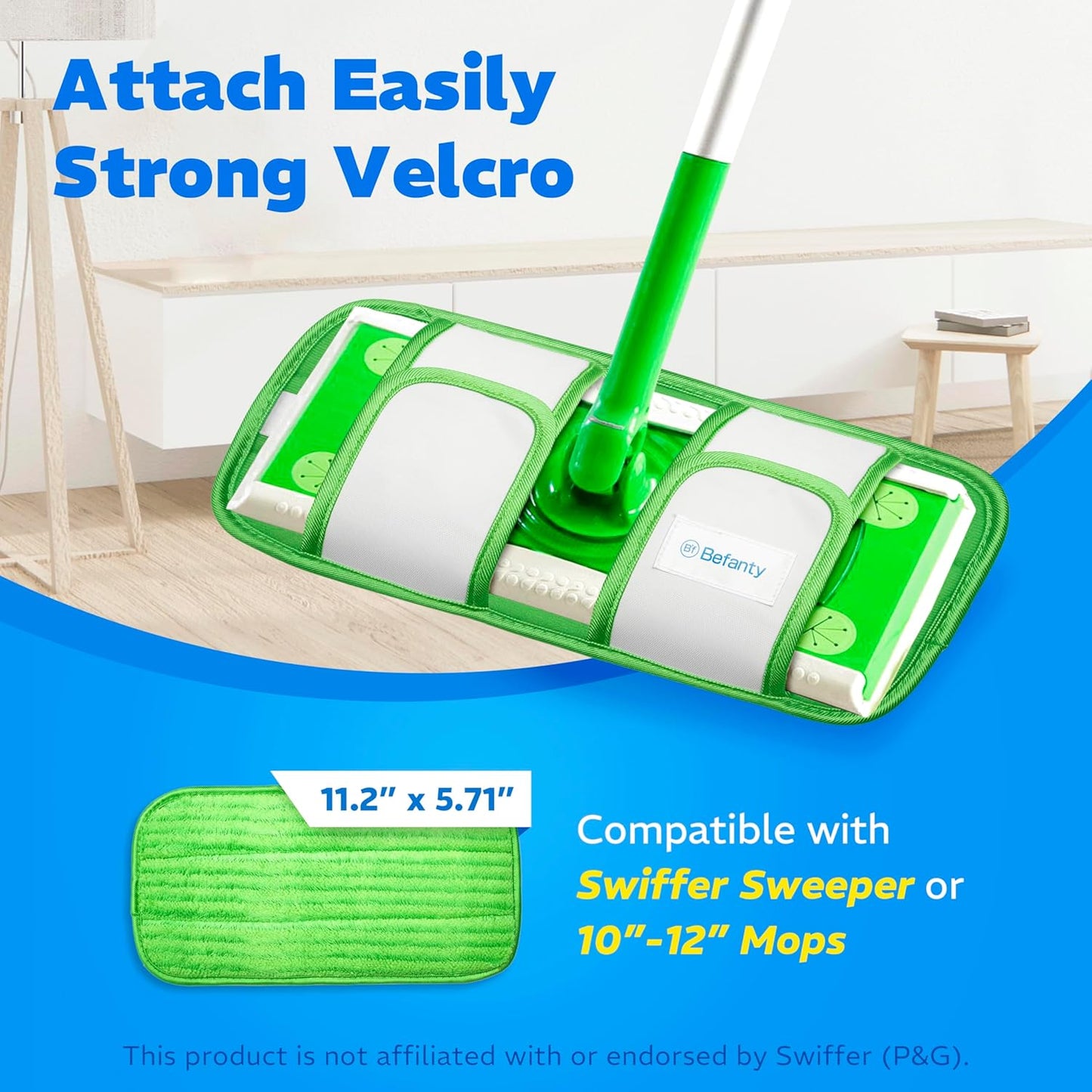 4 Pack Reusable Microfiber Mop Pads, Compatible with Swiffer Sweeper, Machine Washable Cloths, Scraper Included, Refills for All Floor Cleaning, Hook and Loop, Wet Dry - 10"- 12"