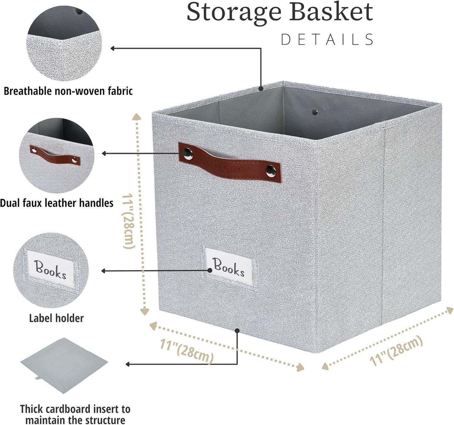 DECOMOMO Storage Bins, Cube Storage Bin with Labels, Fabric Storage Cubes for Shelves (11" / 6pcs, Light Texture Grey)