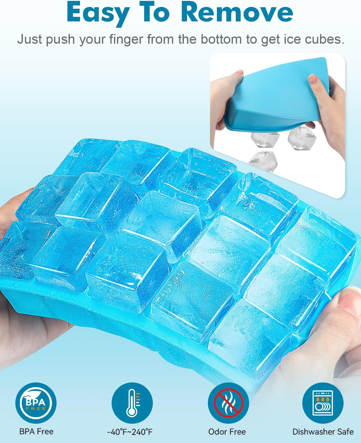 2 Pack Ice Cube Trays, ZDPMK Silicone Easy Release Flexible Molds 15 Ice Cubes Tray for Freezer，Cocktail，Whiskey，Reusable & BPA Free