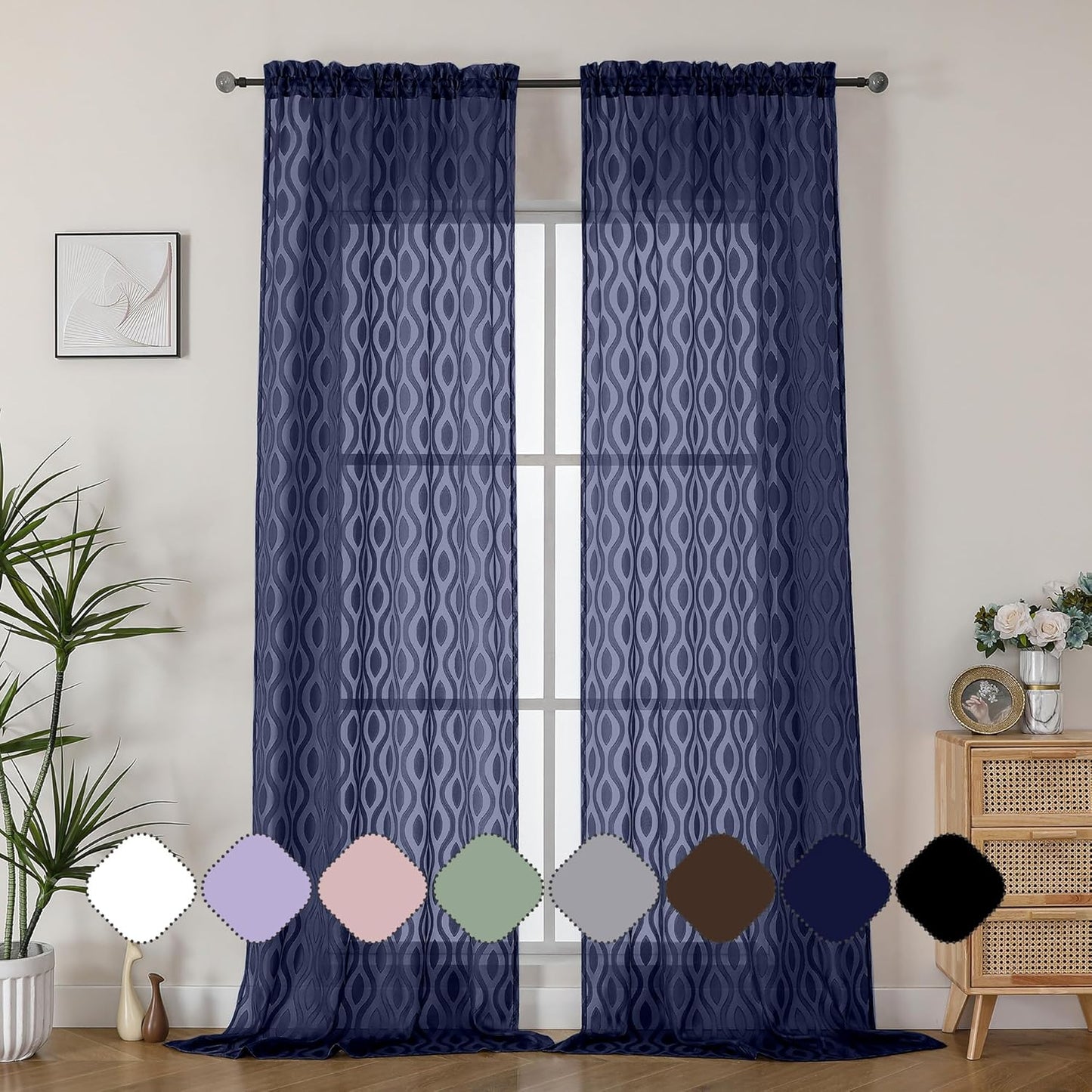 Aiyufeng Extra Long Sheer Curtains 96 Inches Long for Bedroom 2 Panels Set, Modern Light Filtering Wavy Line Clip Jacquard See Through Curtains for Bedroom Living Room, Navy Blue, 40" Wx96 L Inches