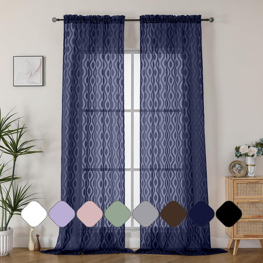 Aiyufeng Extra Long Sheer Curtains 96 Inches Long for Bedroom 2 Panels Set, Modern Light Filtering Wavy Line Clip Jacquard See Through Curtains for Bedroom Living Room, Navy Blue, 40" Wx96 L Inches